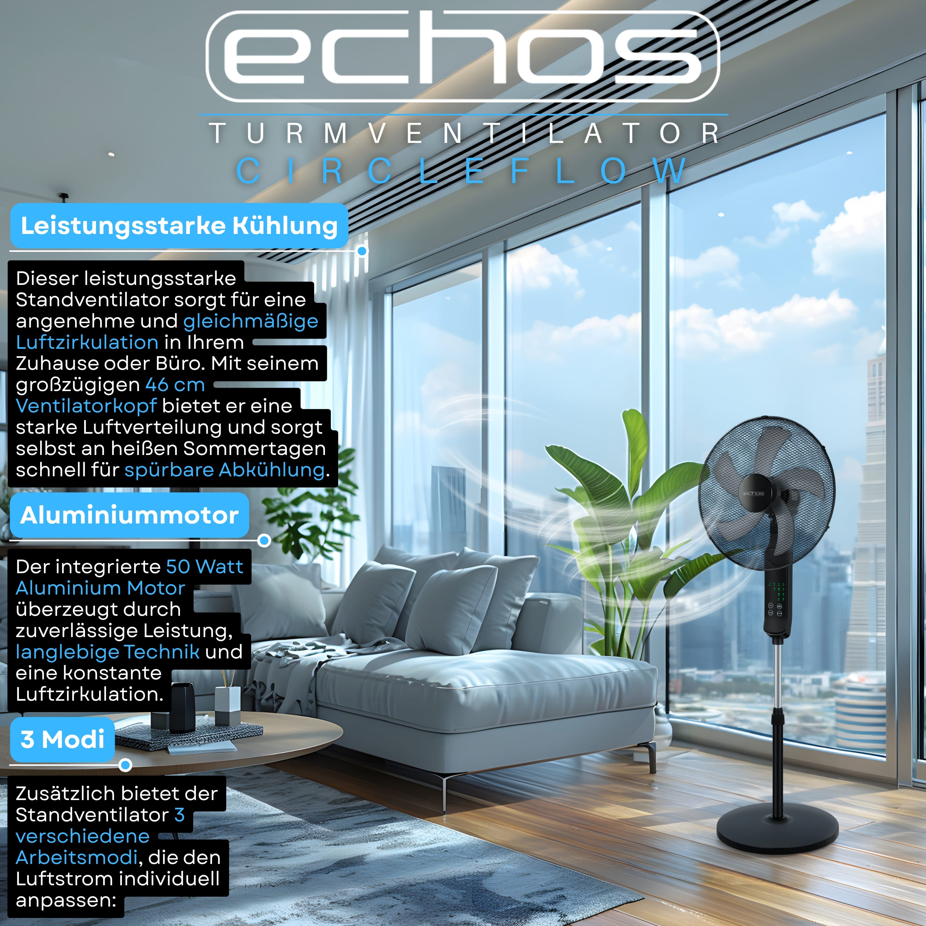 Ein schwarzer Standventilator mit dem Logo 'echos' steht in einem modernen Wohnzimmer.
