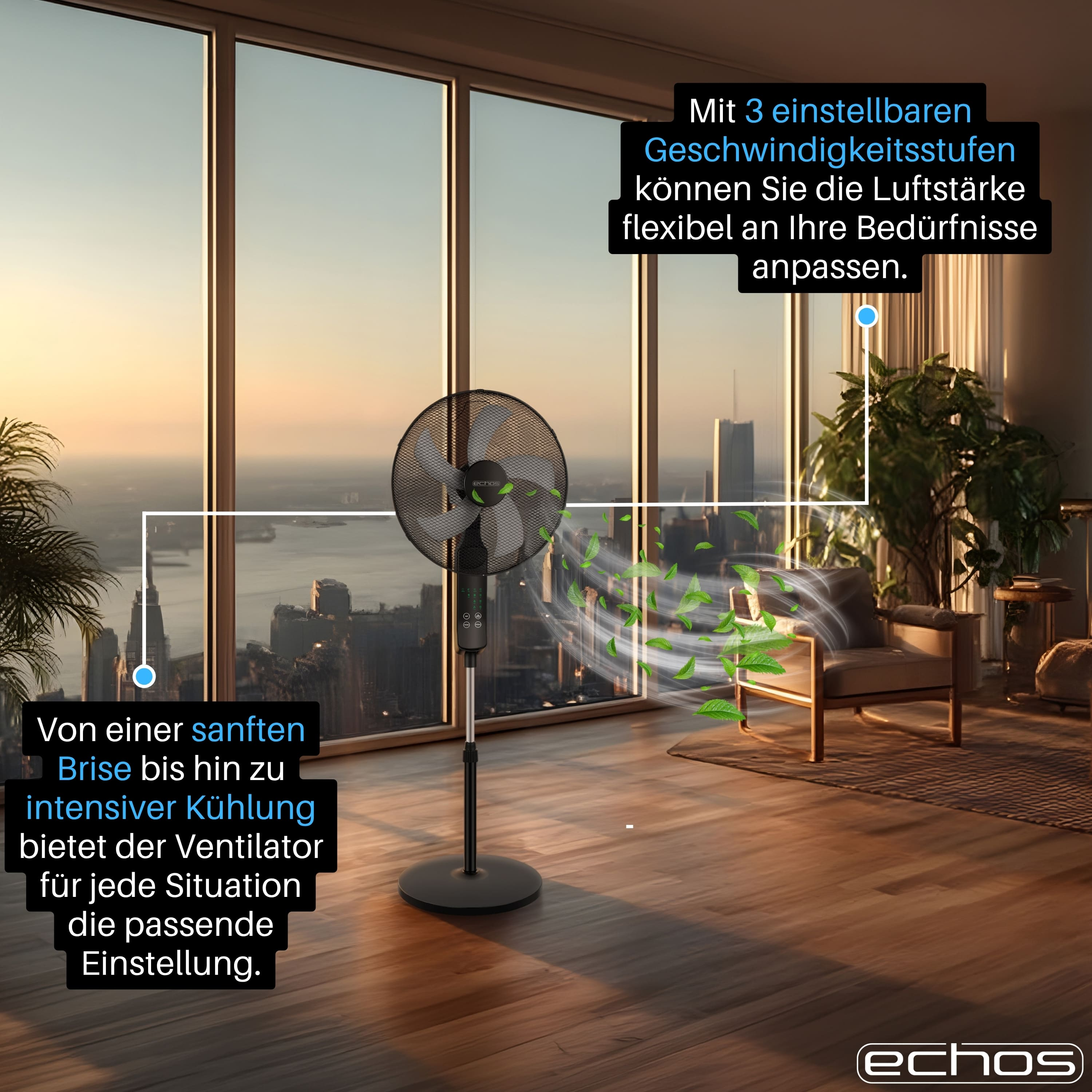 Ein Ventilator mit 3 Stufen steht in einem modernen Raum mit Blick auf die Stadt.