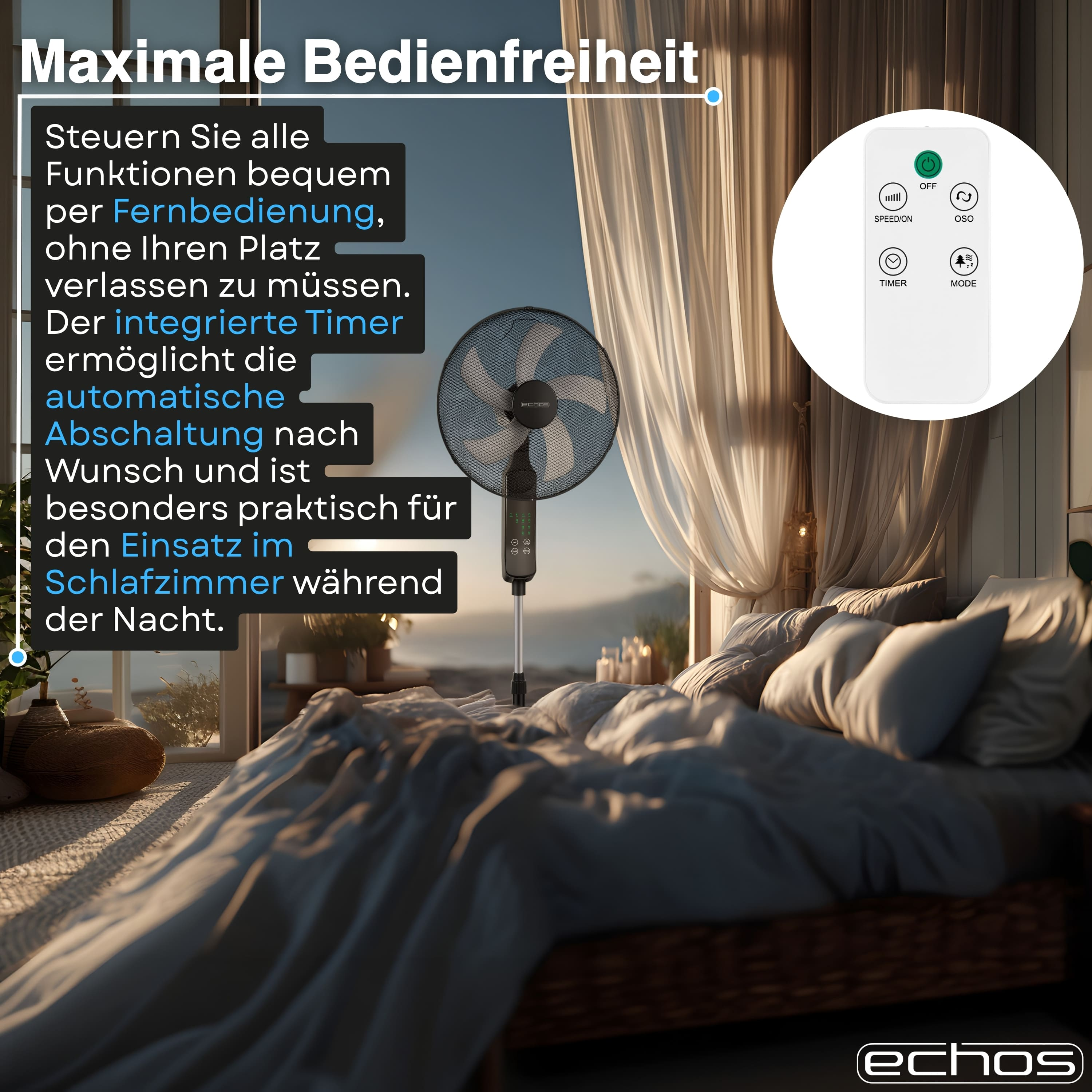 Ein Ventilator mit Fernbedienung steht in einem Schlafzimmer.