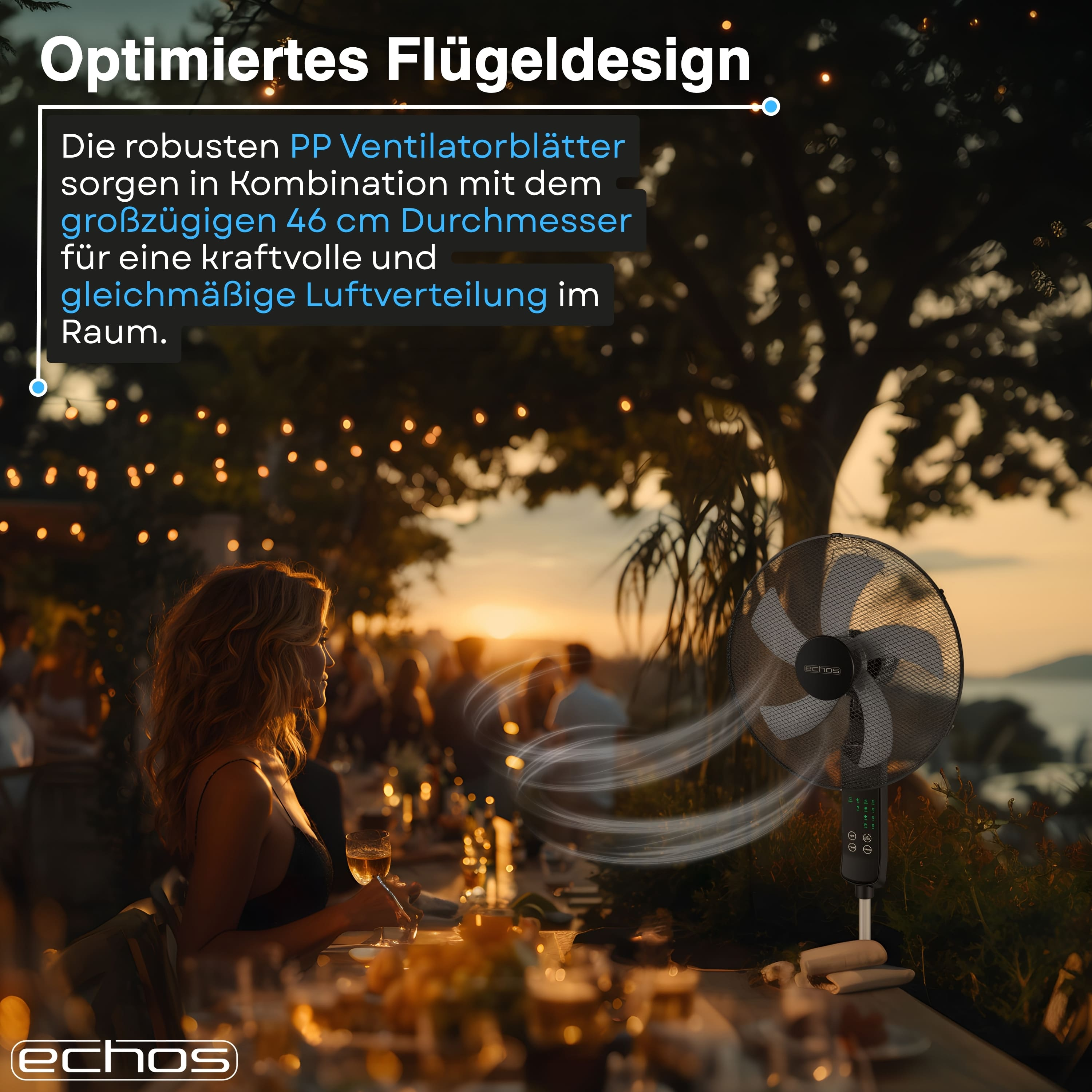 Ein Ventilator steht auf einem Tisch mit Lichterketten im Hintergrund.