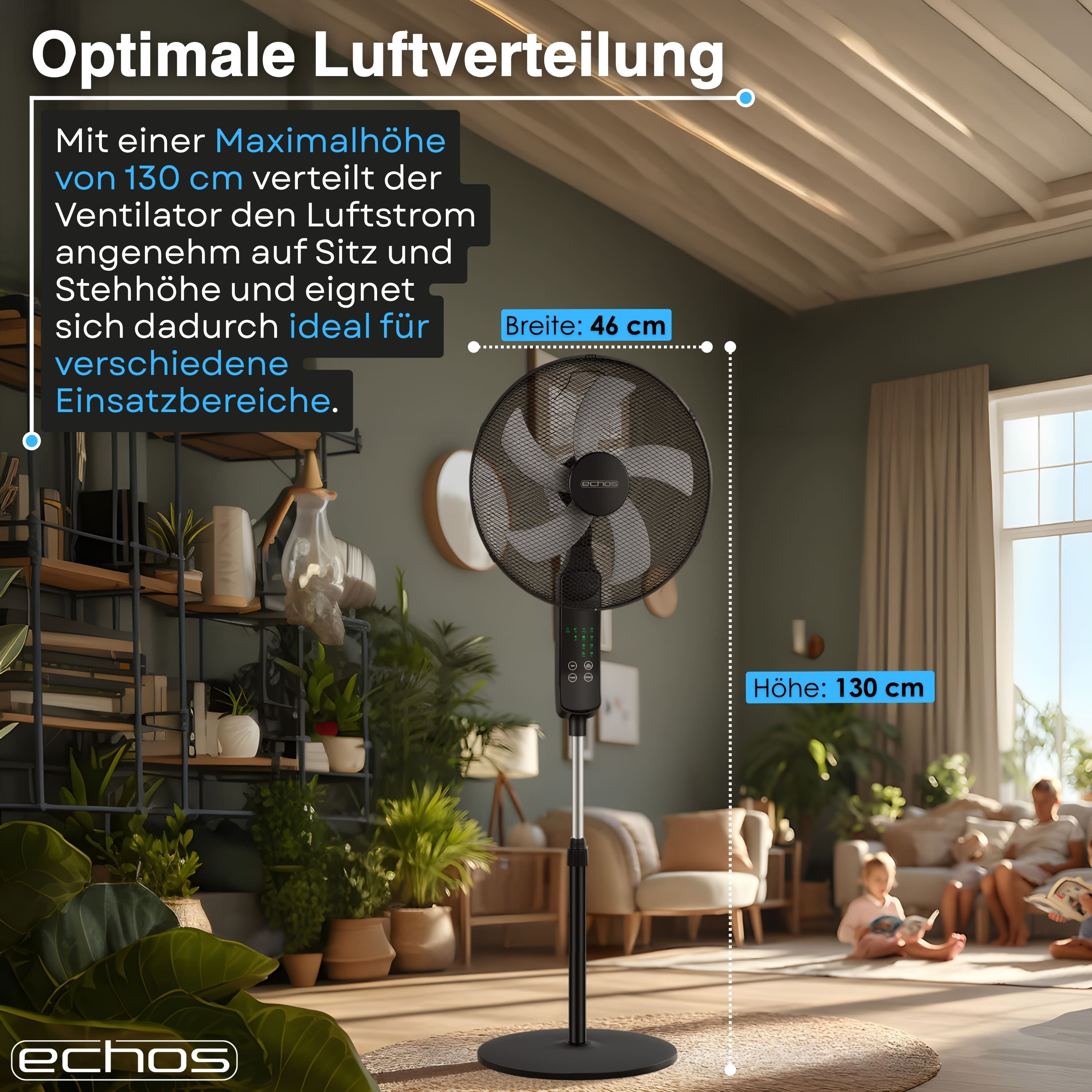 Ein schwarzer Standventilator mit 130cm Höhe und 46cm Breite.