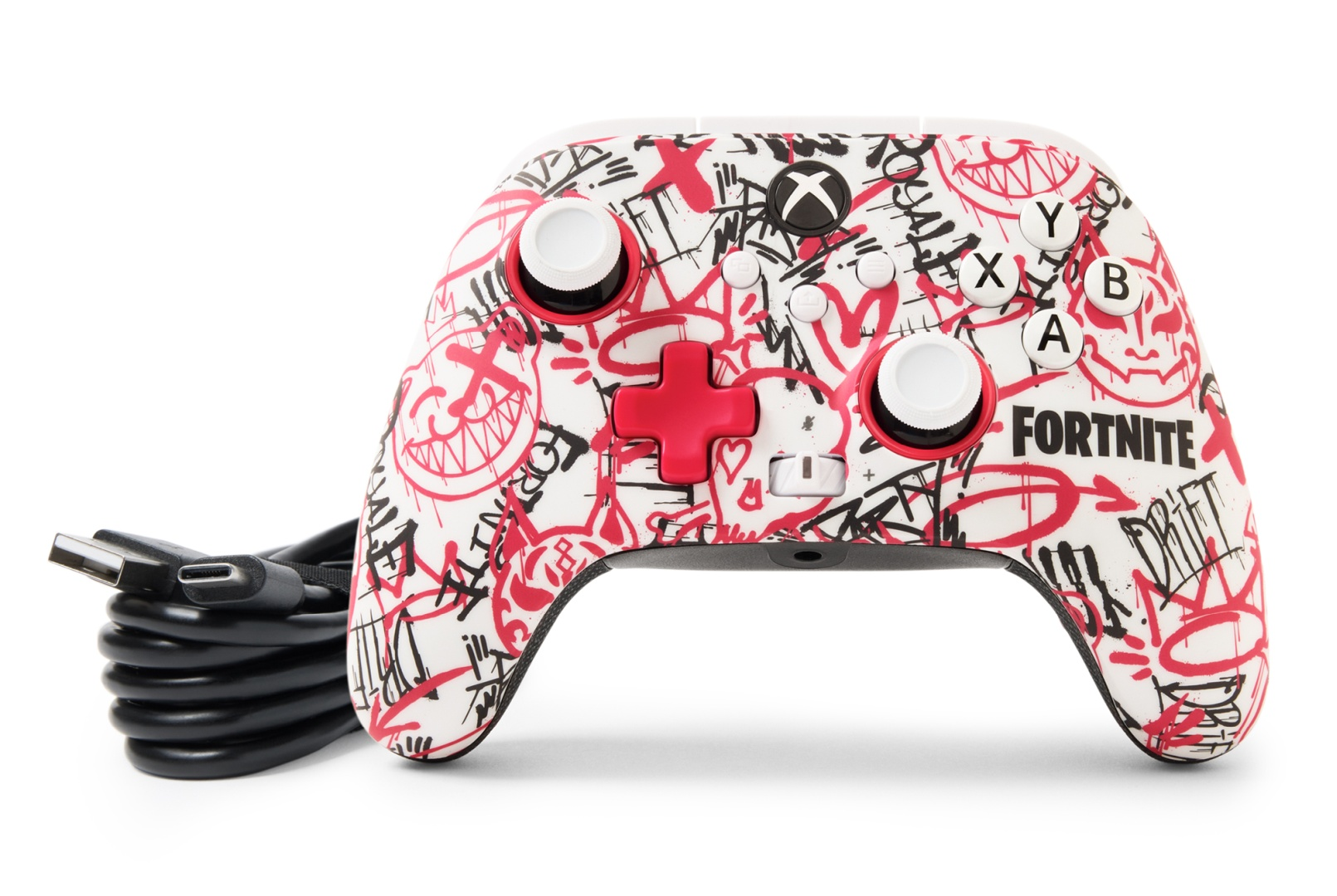 Ein weißer Controller mit rotem und schwarzem Graffiti-Design und einem schwarzen Kabel.