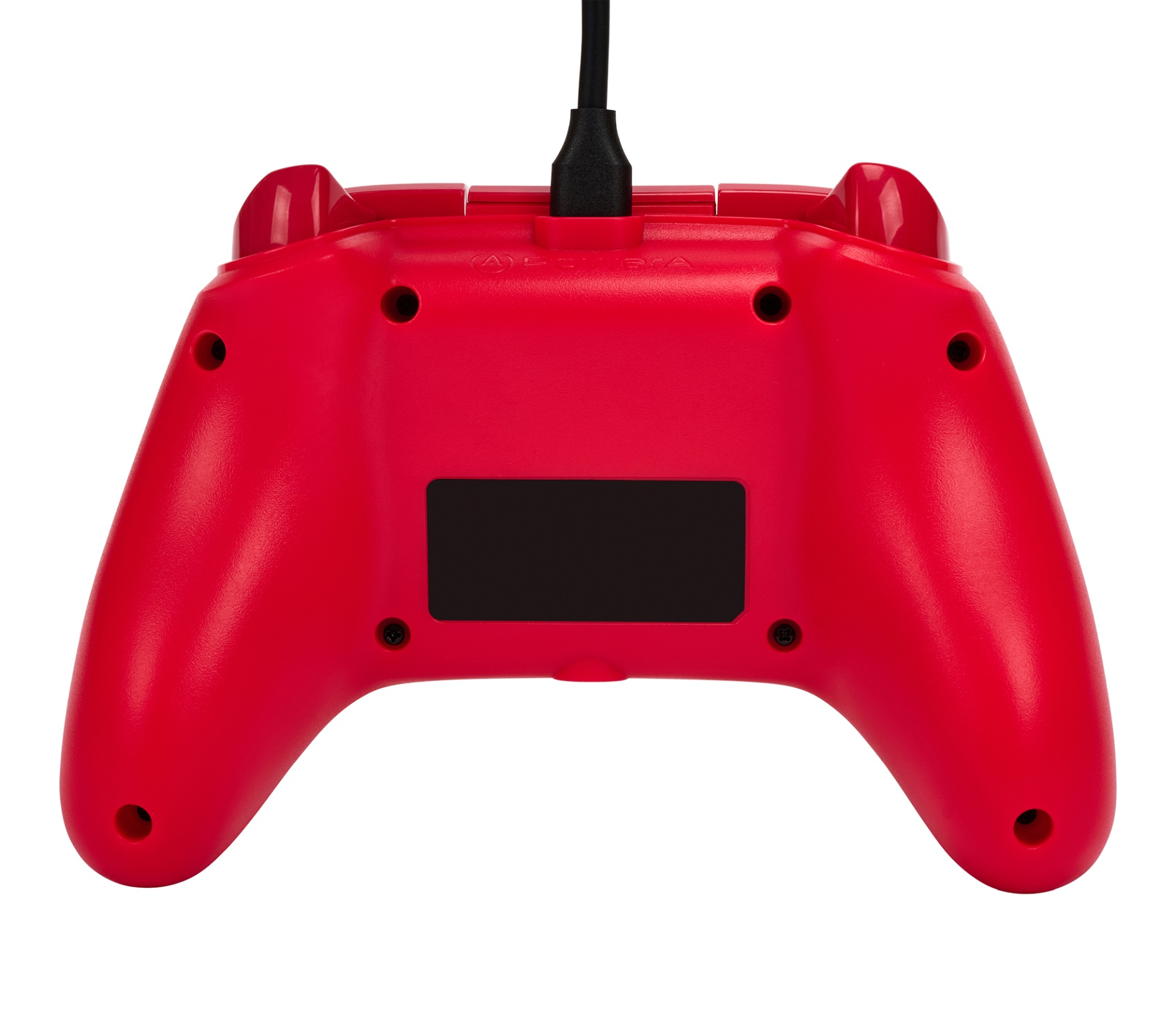 Rote Rückseite eines Controllers mit schwarzem Kabel, das oben eingesteckt ist.