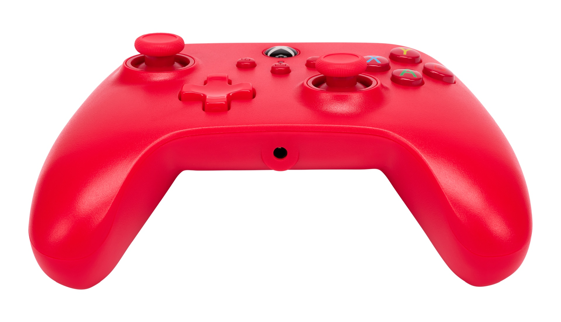 Ein leuchtend roter Gamecontroller mit zwei Joysticks und Knöpfen.