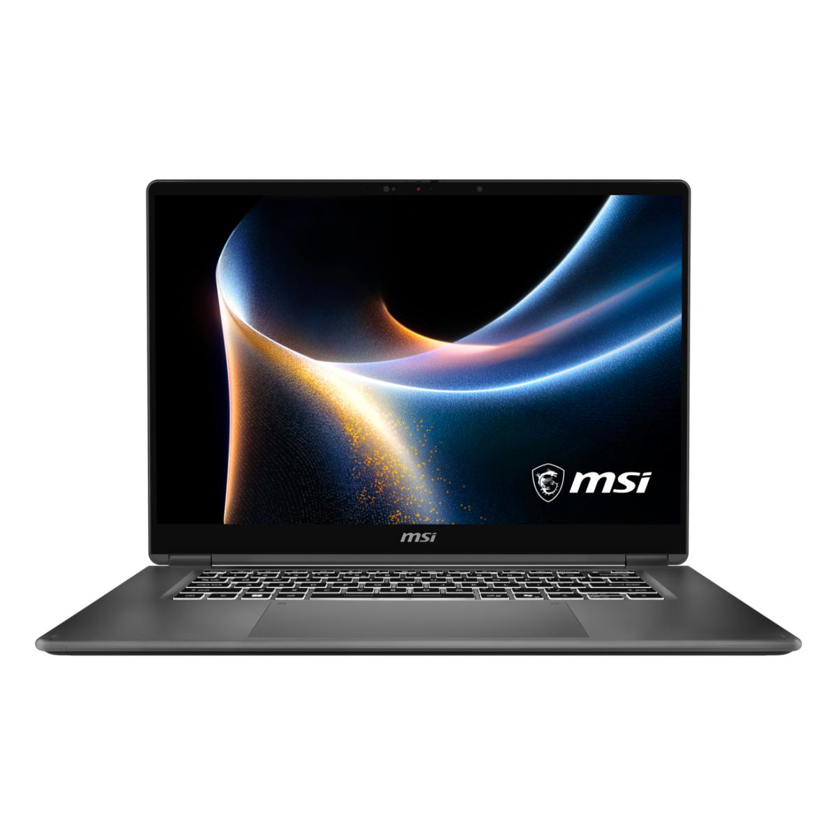Ein geschlossenes MSI-Notebook mit abstraktem Hintergrund auf dem Bildschirm.