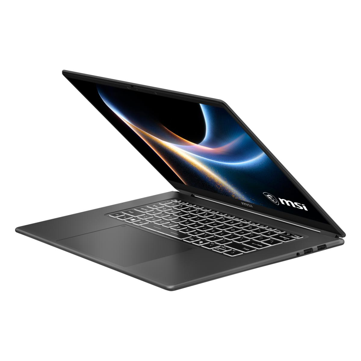 Ein offener, dunkler Laptop mit beleuchteter Tastatur und einem bunten Bildschirmhintergrund.