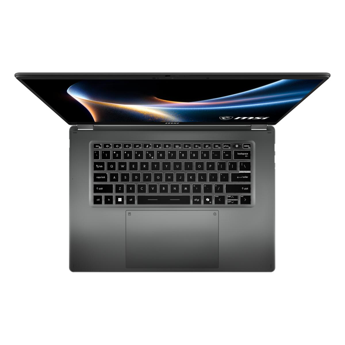 Ein geöffneter Laptop mit einer Tastatur und einem Touchpad. Der Bildschirm zeigt eine abstrakte Grafik.