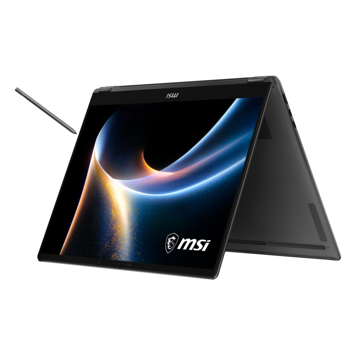 Ein schwarzer MSI-Laptop mit Stift, im Zeltmodus auf weißem Hintergrund.