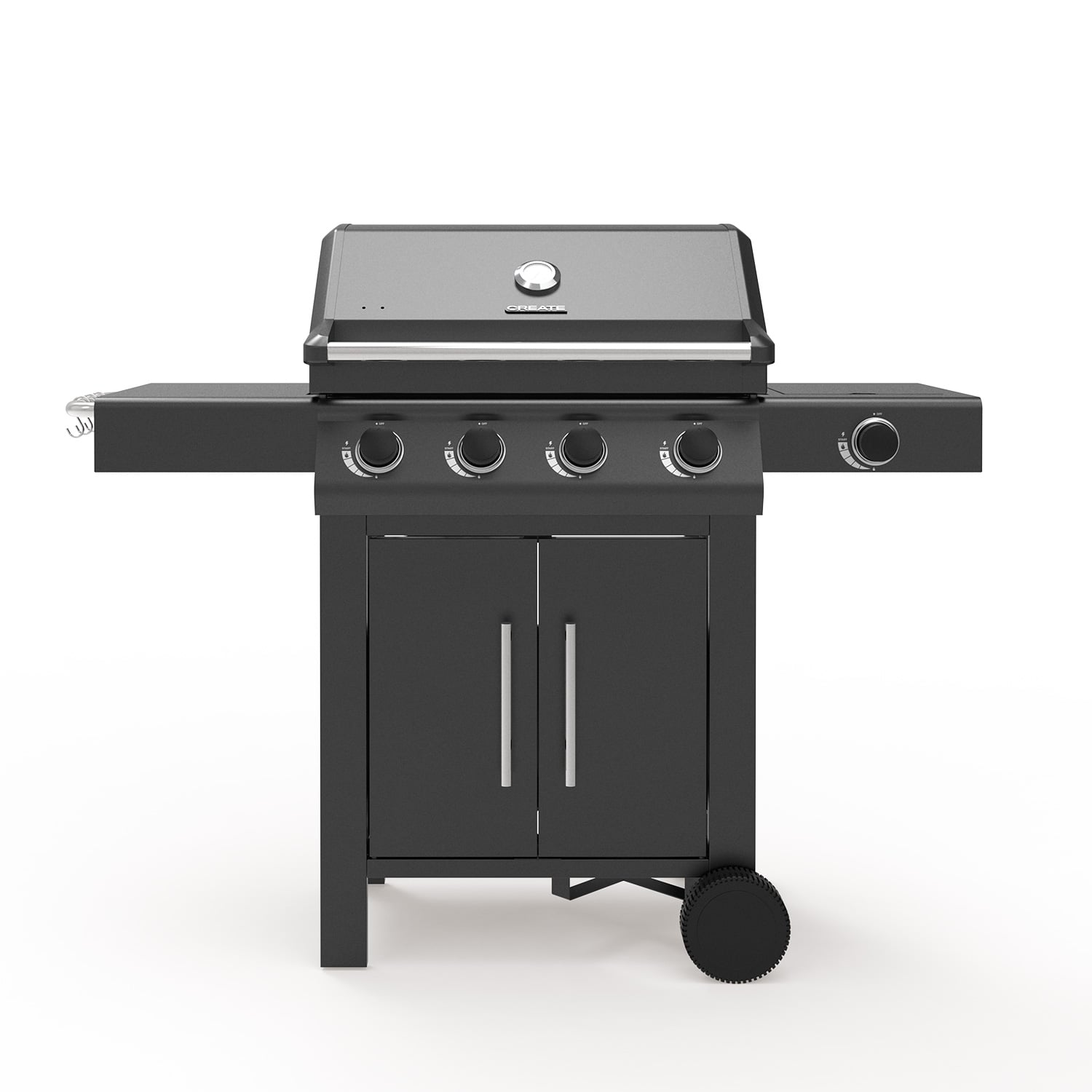 Parrilla de gas negra con cuatro mandos y dos puertas.