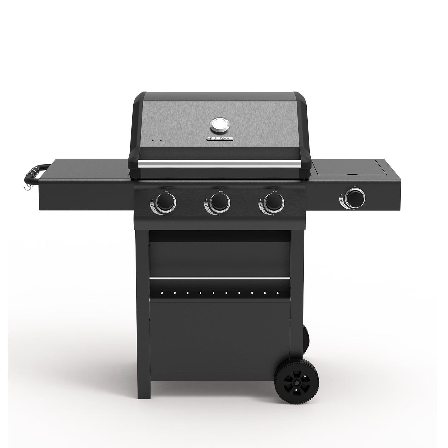 Una parrilla de gas negra con tres perillas de control y dos estantes laterales.
