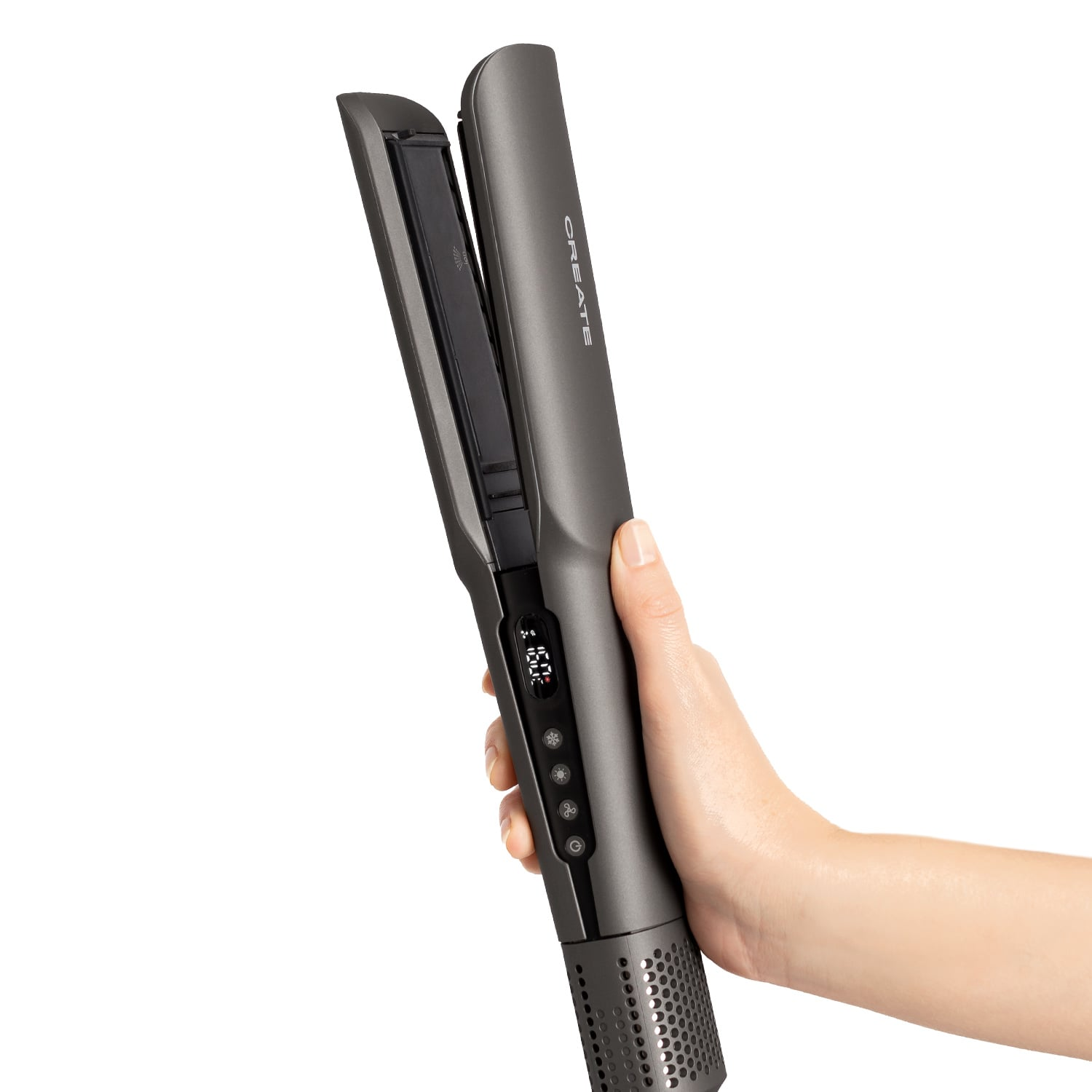 Una mano sujeta una plancha de pelo gris con pantalla digital que muestra 160C.