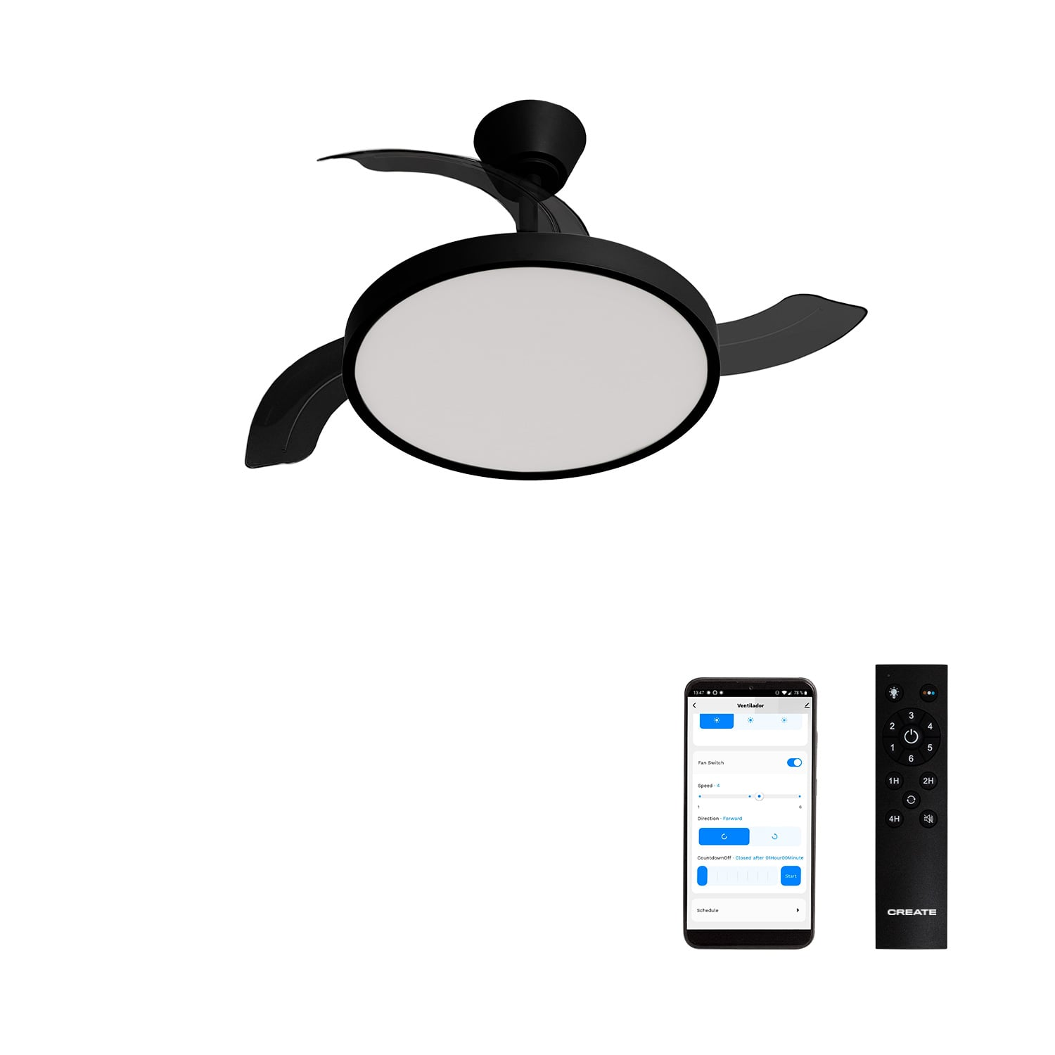 Ventilador de techo negro con luz LED, mando a distancia y app móvil.