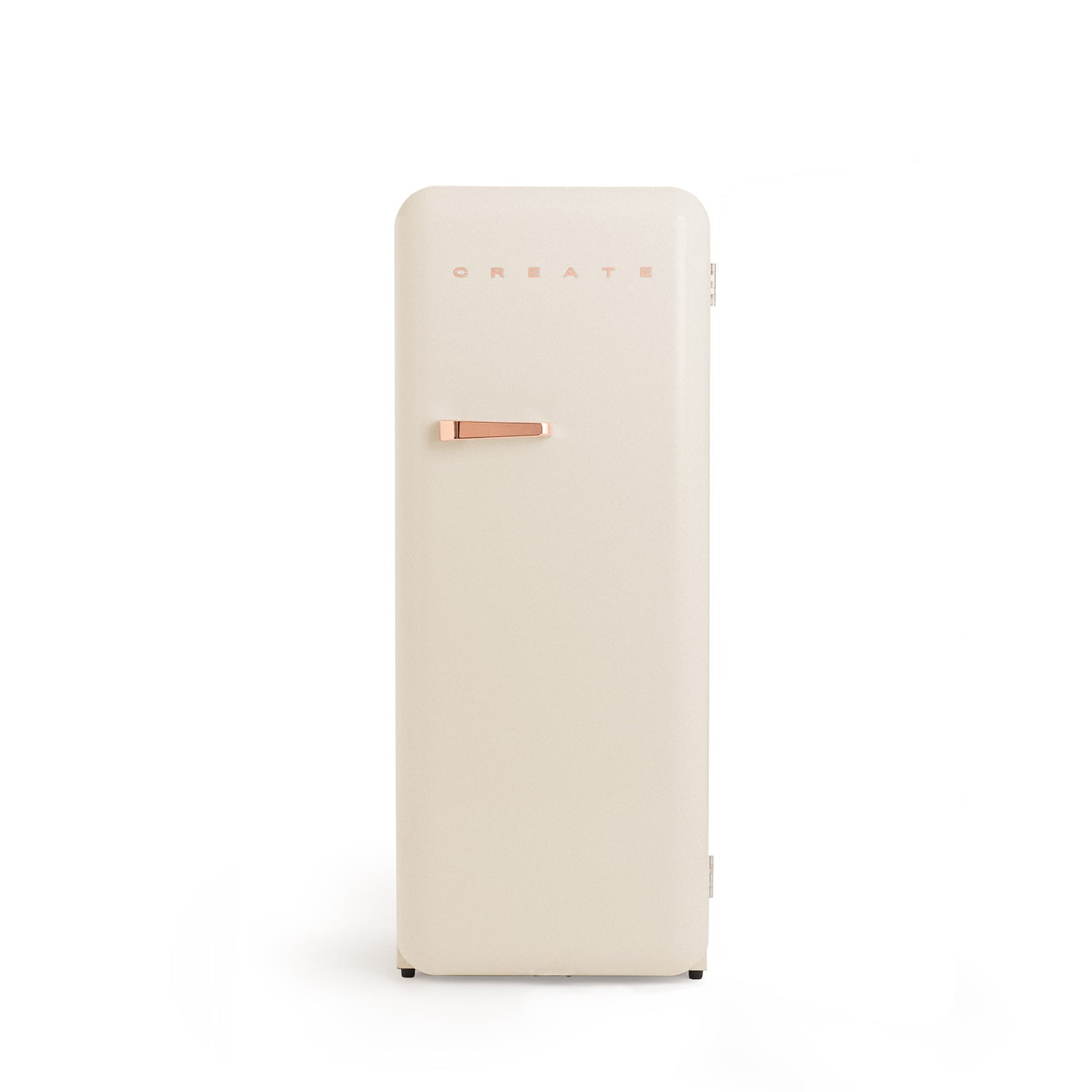 Un refrigerador color crema con la palabra CREATE en oro rosa.