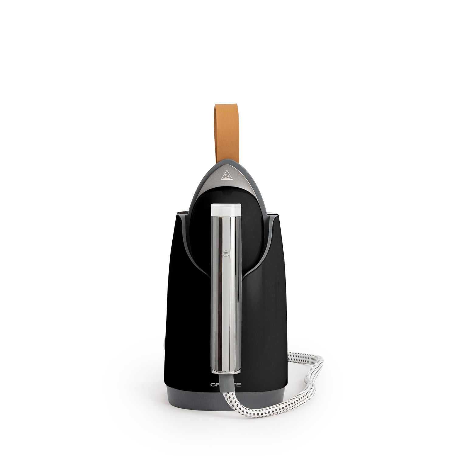 Una plancha de vapor negra con mango y cable marrones sobre fondo blanco.