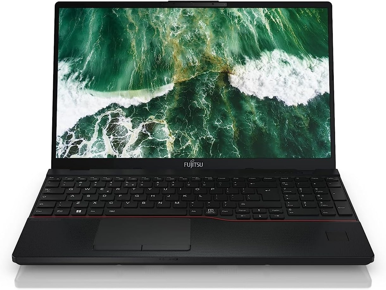 Ein geöffneter schwarzer Fujitsu Laptop mit einem grünen Wellen-Hintergrundbild.