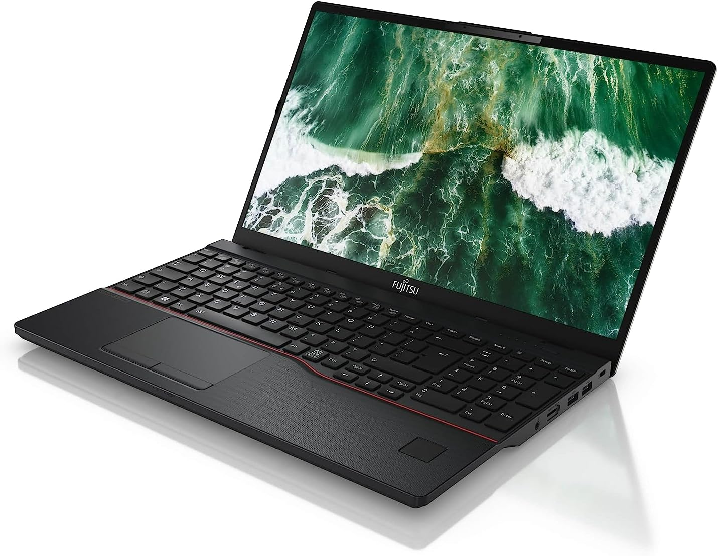 Schwarzer Fujitsu-Laptop mit offenem Bildschirm, der ein grünes Wellenmuster zeigt.