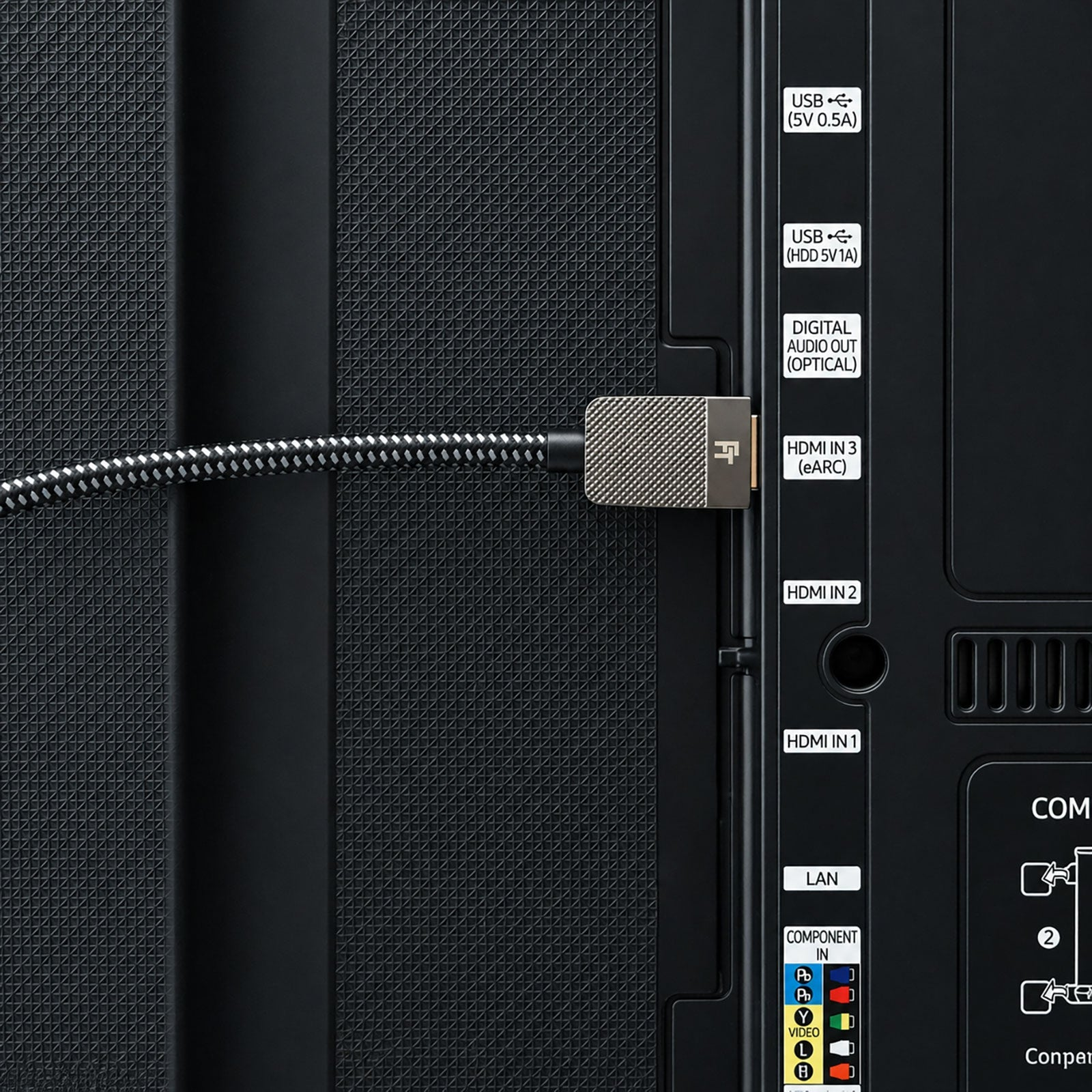 Nahaufnahme der Rückseite eines Fernsehers mit HDMI-, USB- und optischen Audioanschlüssen.