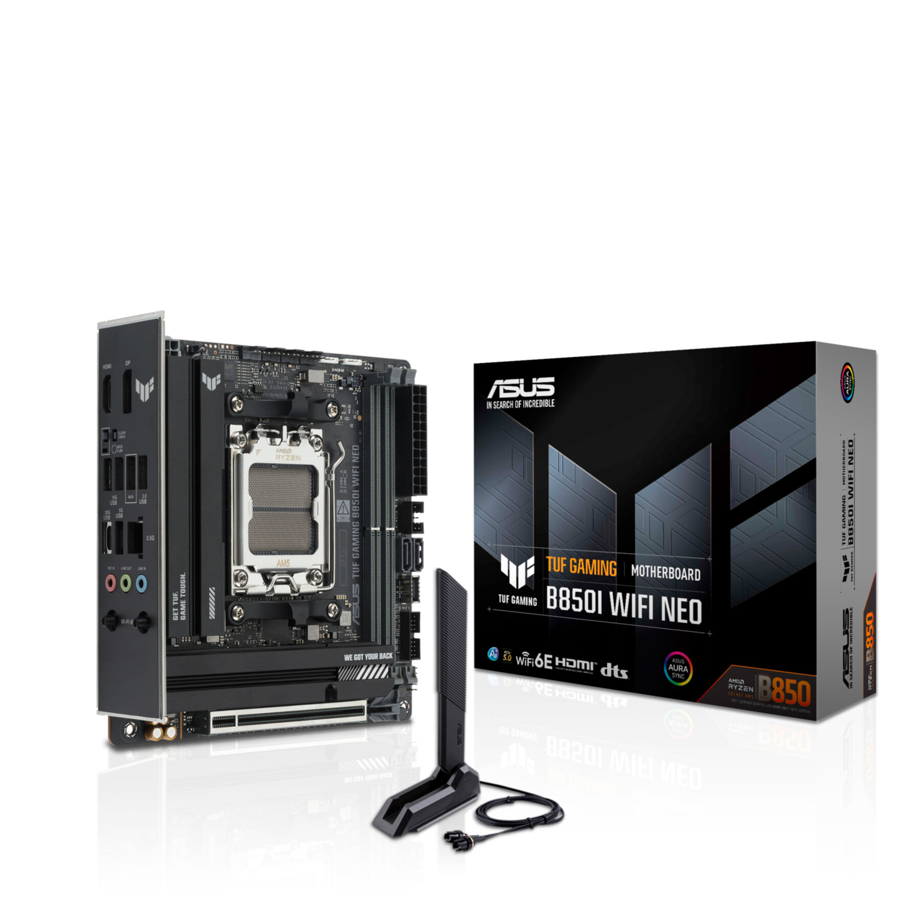 ASUS TUF GAMING B850I WIFI NEO Motherboard mit Verpackung und Antenne.