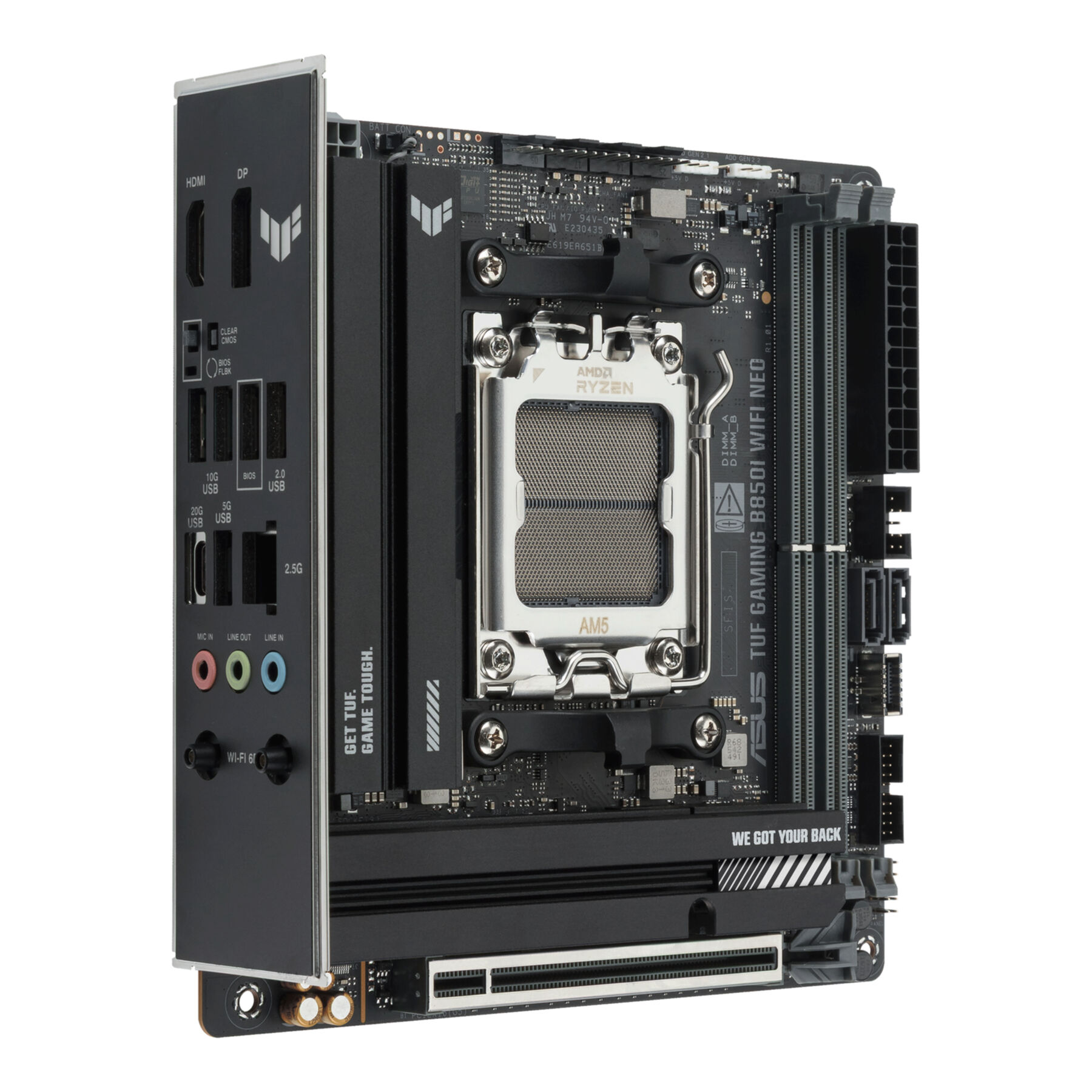 Eine ASUS TUF GAMING B850I WIFI NEO AM5-Motherboard mit Ryzen-CPU-Sockel und Anschlüssen.