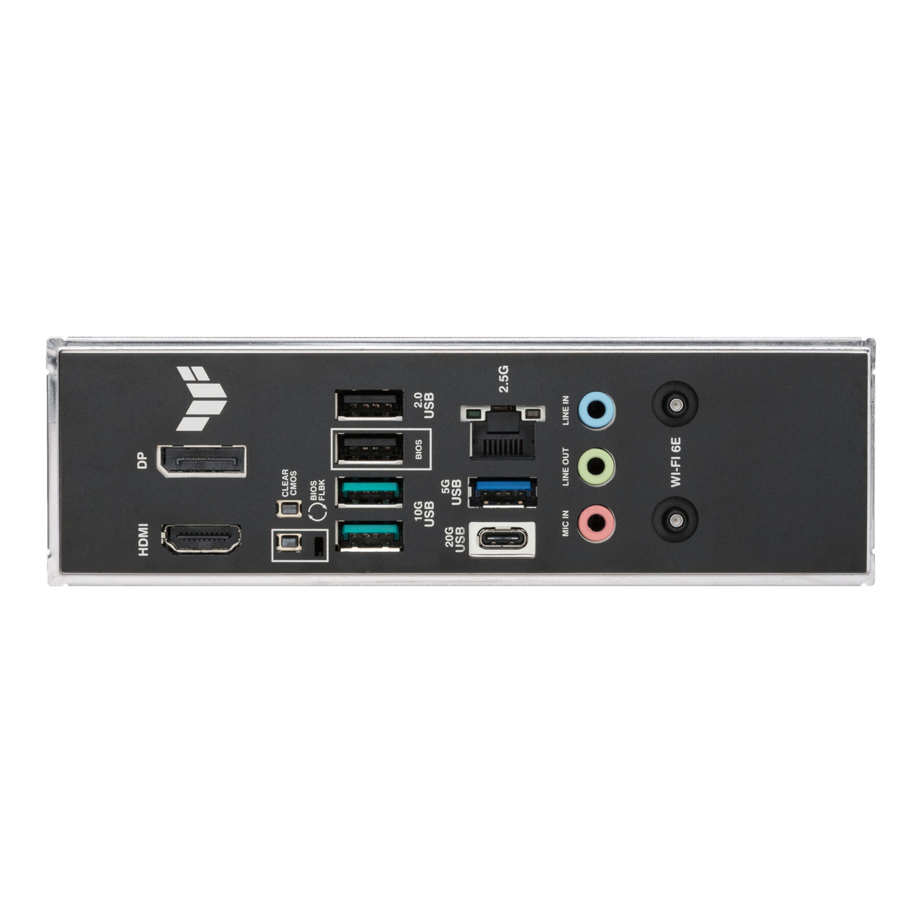 Rückseite eines Motherboards mit Anschlüssen: HDMI, DP, USB, Audio und Wi-Fi 6E.
