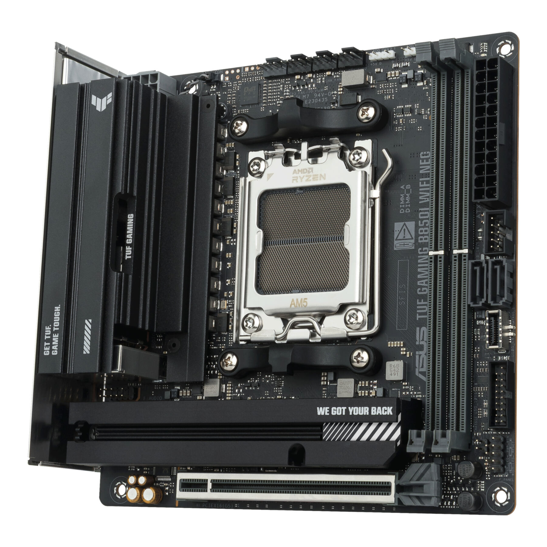 Schwarzes ASUS TUF GAMING B850I WIFI NEC Motherboard mit AM5-Sockel, RAM-Steckplätzen und Kühlkörpern.