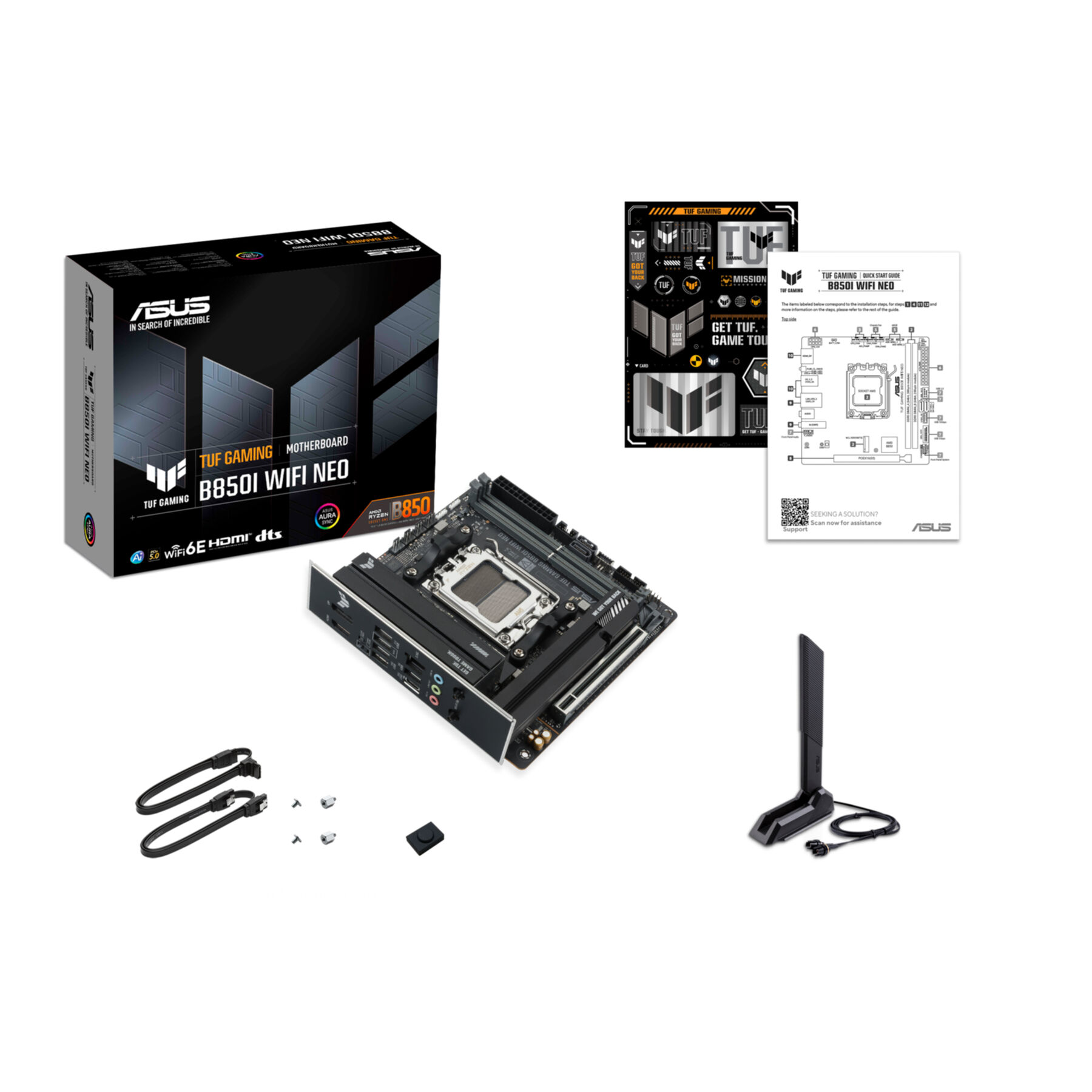 ASUS TUF Gaming B850 Motherboard mit Zubehör, Handbuch und Verpackung.