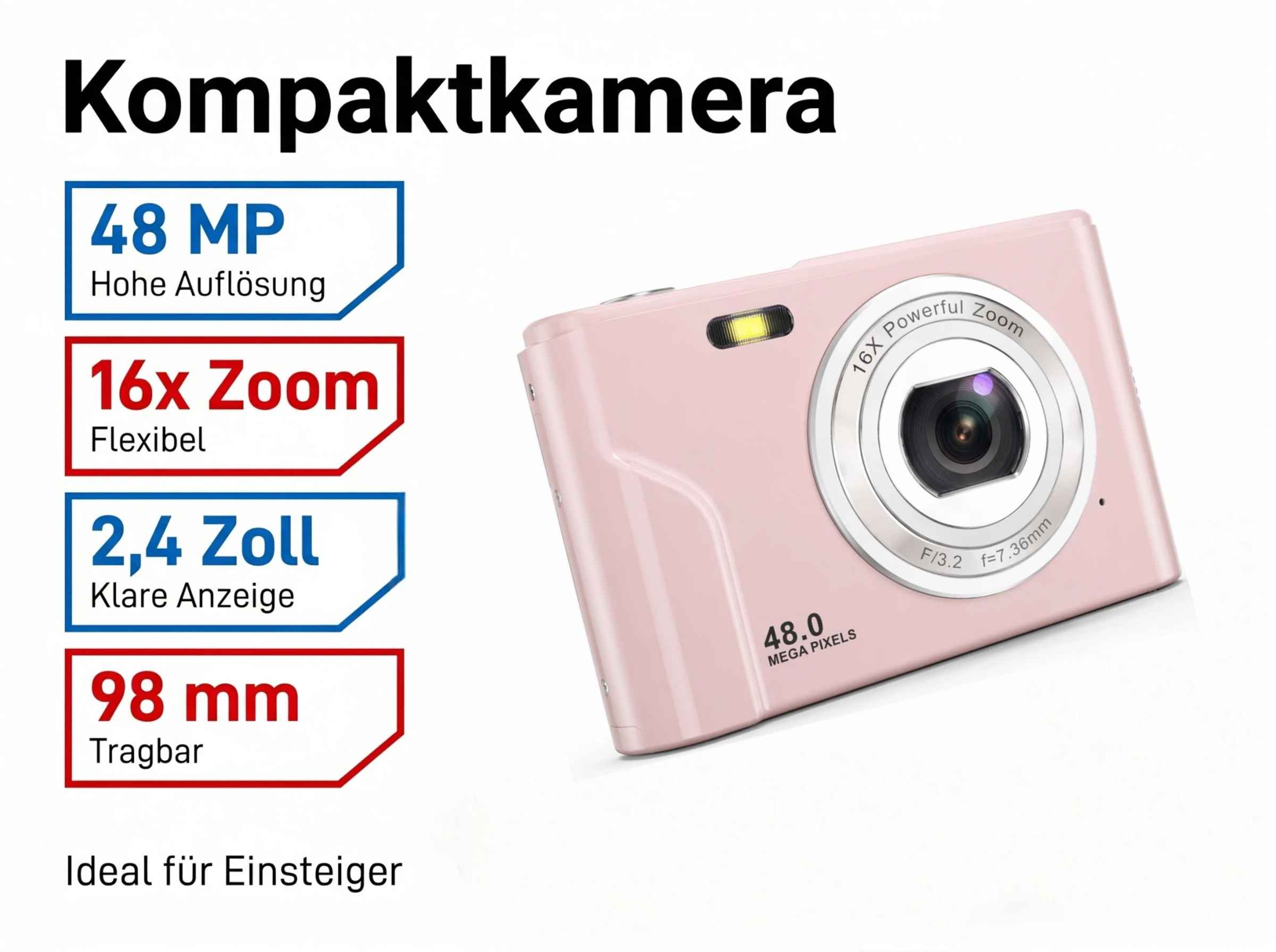 Eine rosafarbene Kompaktkamera mit 48 MP, 16-fachem Zoom und 2,4-Zoll-Display.