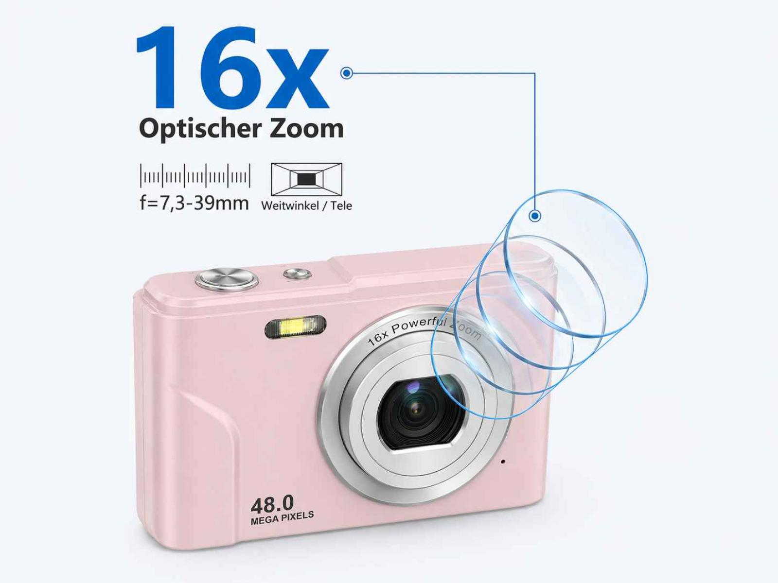 Eine rosafarbene Kamera mit 16-fachem optischem Zoom und 48 MP.