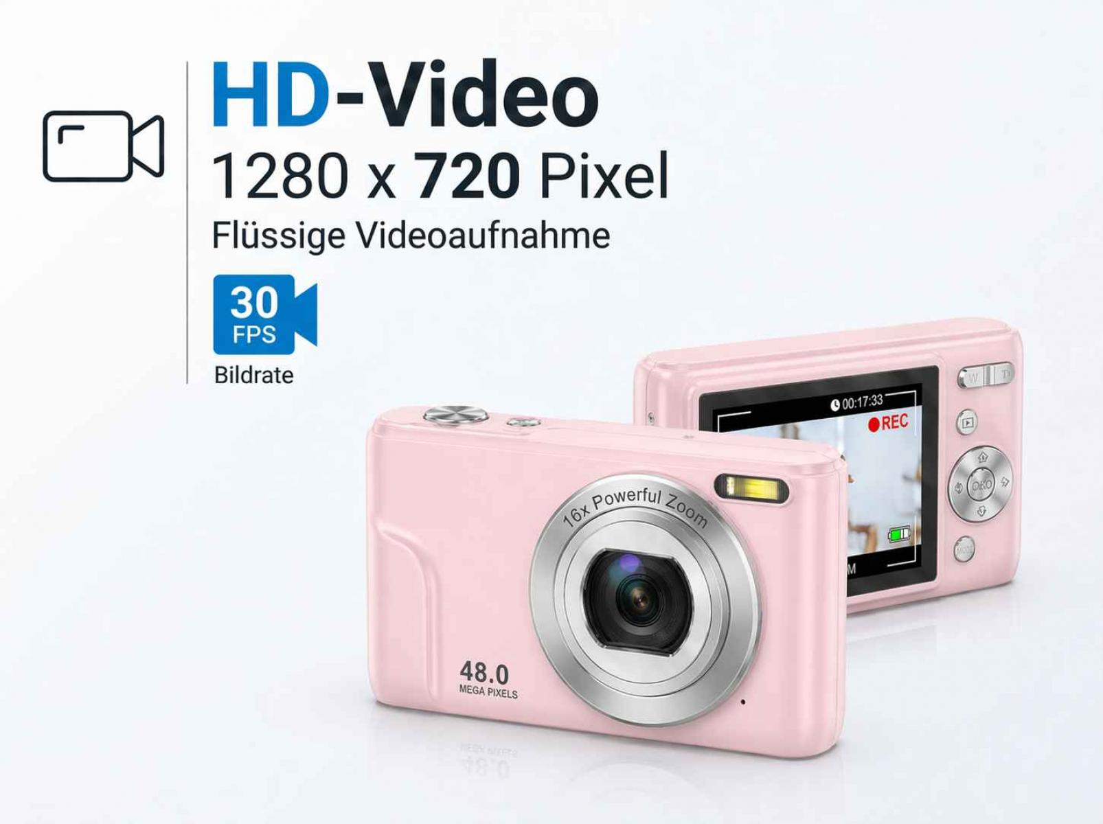 Zwei rosa Digitalkameras, eine mit 16x Zoom und 48 MP, die andere mit REC-Anzeige.