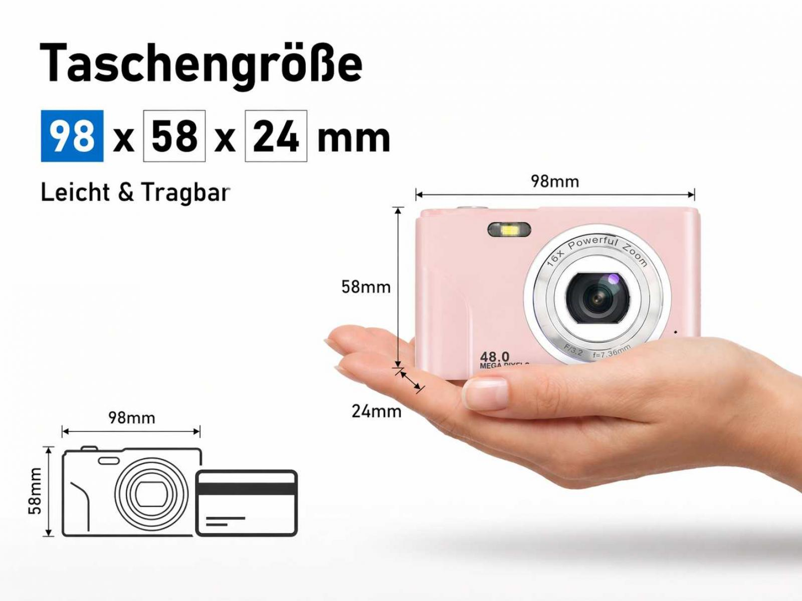 Eine hellrosa Digitalkamera wird in einer Hand gehalten. Maße sind angegeben.