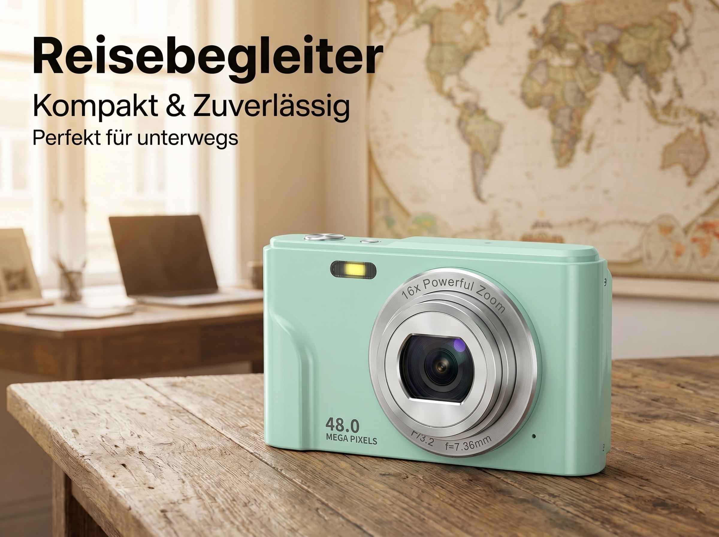 Eine mintgrüne Kamera mit 16-fachem Zoom und 48 MP liegt auf einem Holztisch.