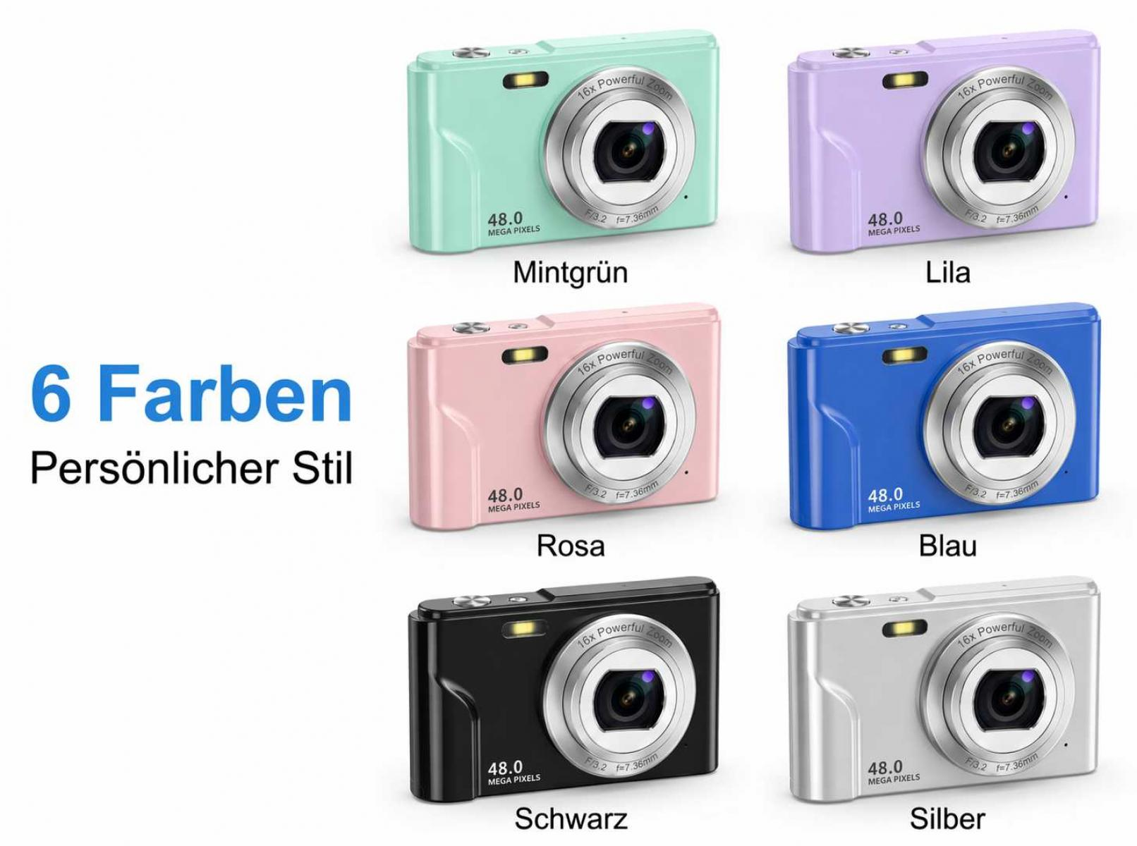 Sechs Digitalkameras in Mintgrün, Lila, Rosa, Blau, Schwarz und Silber.