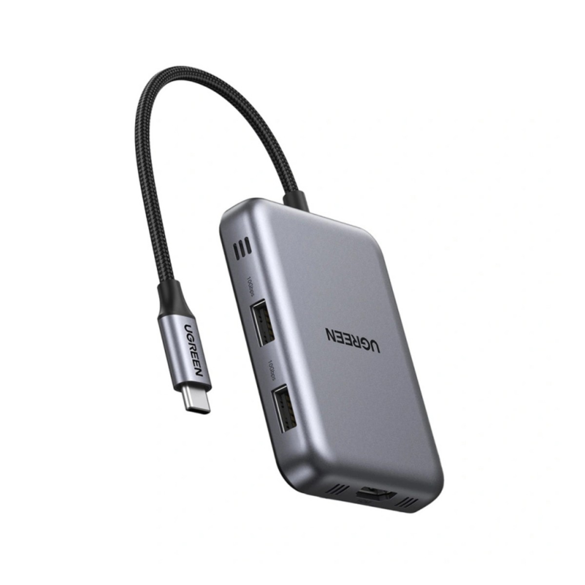 Hub USB-C grigio con due porte USB e un cavo.