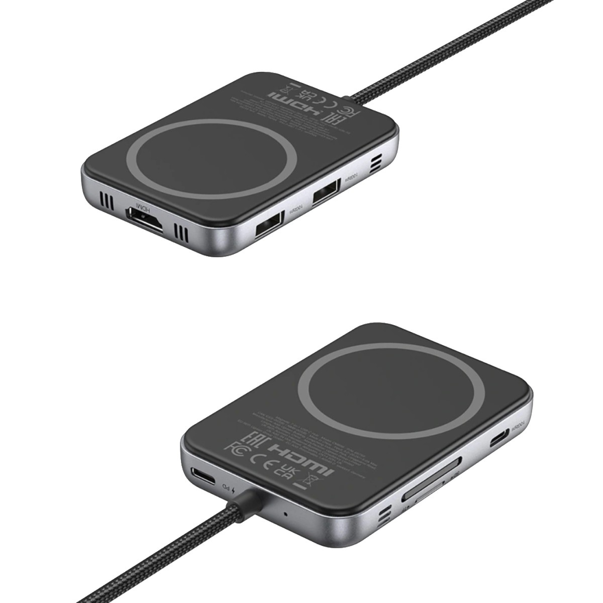 Un hub USB-C nero con porte HDMI, USB-A e una porta di ricarica.