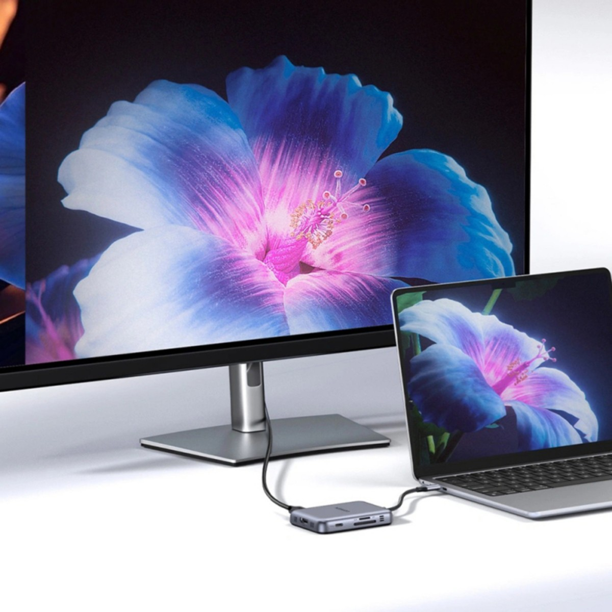 Un laptop e un grande monitor mostrano entrambi un disegno floreale blu-viola.