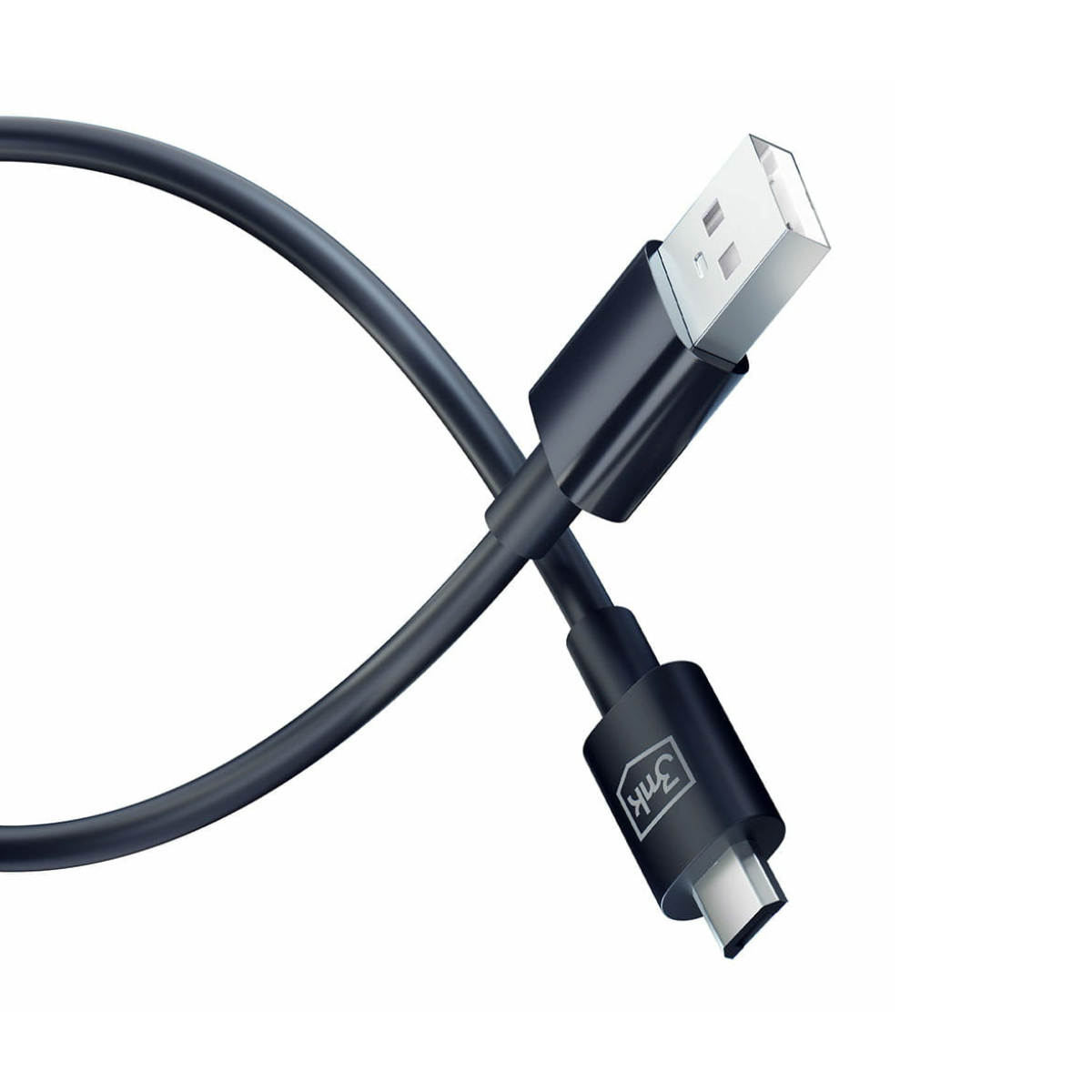 Un cavo USB-C nero con connettore USB-A, incrociato su sfondo bianco.
