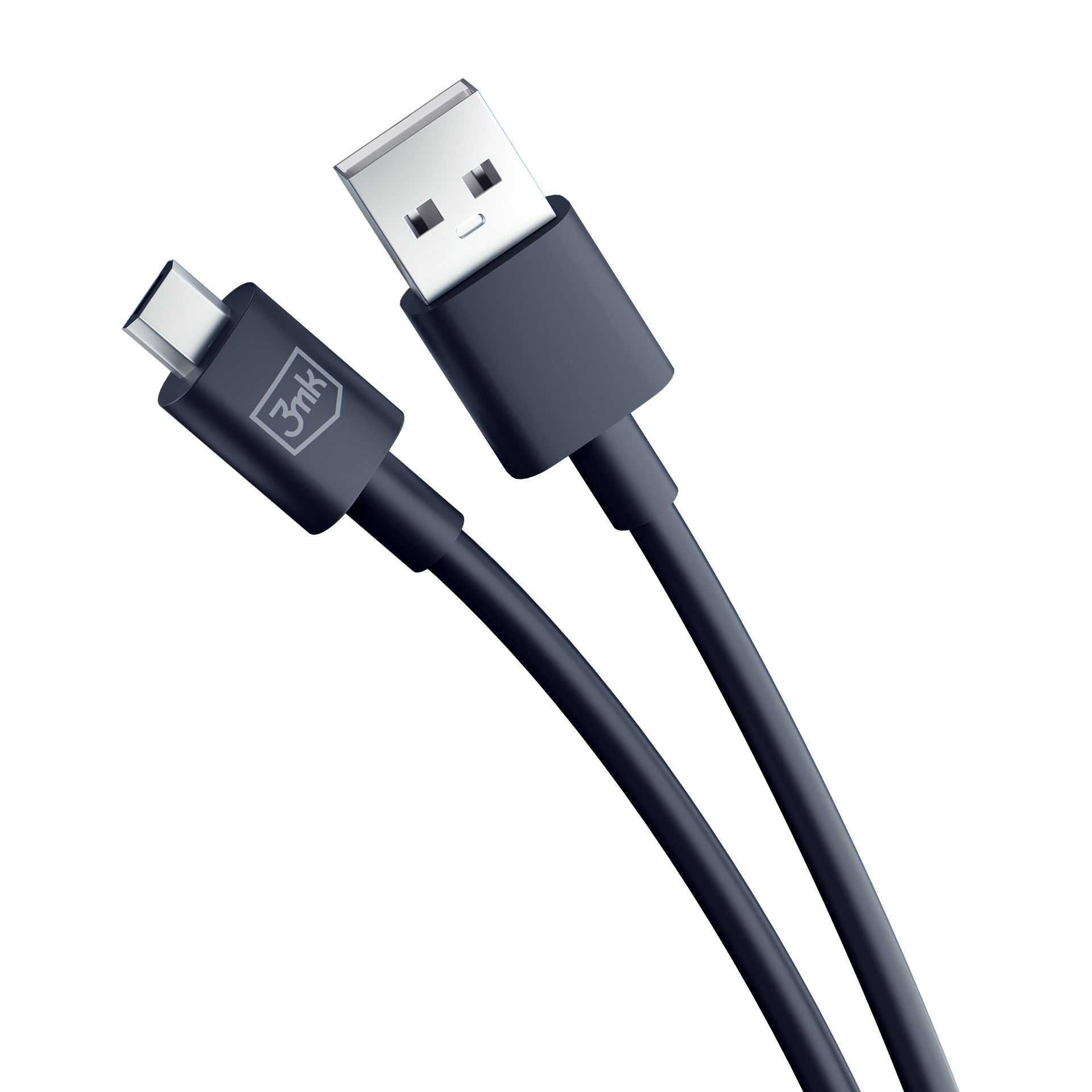 Un cavo USB-A a USB-C nero con connettori argentati, su sfondo bianco.
