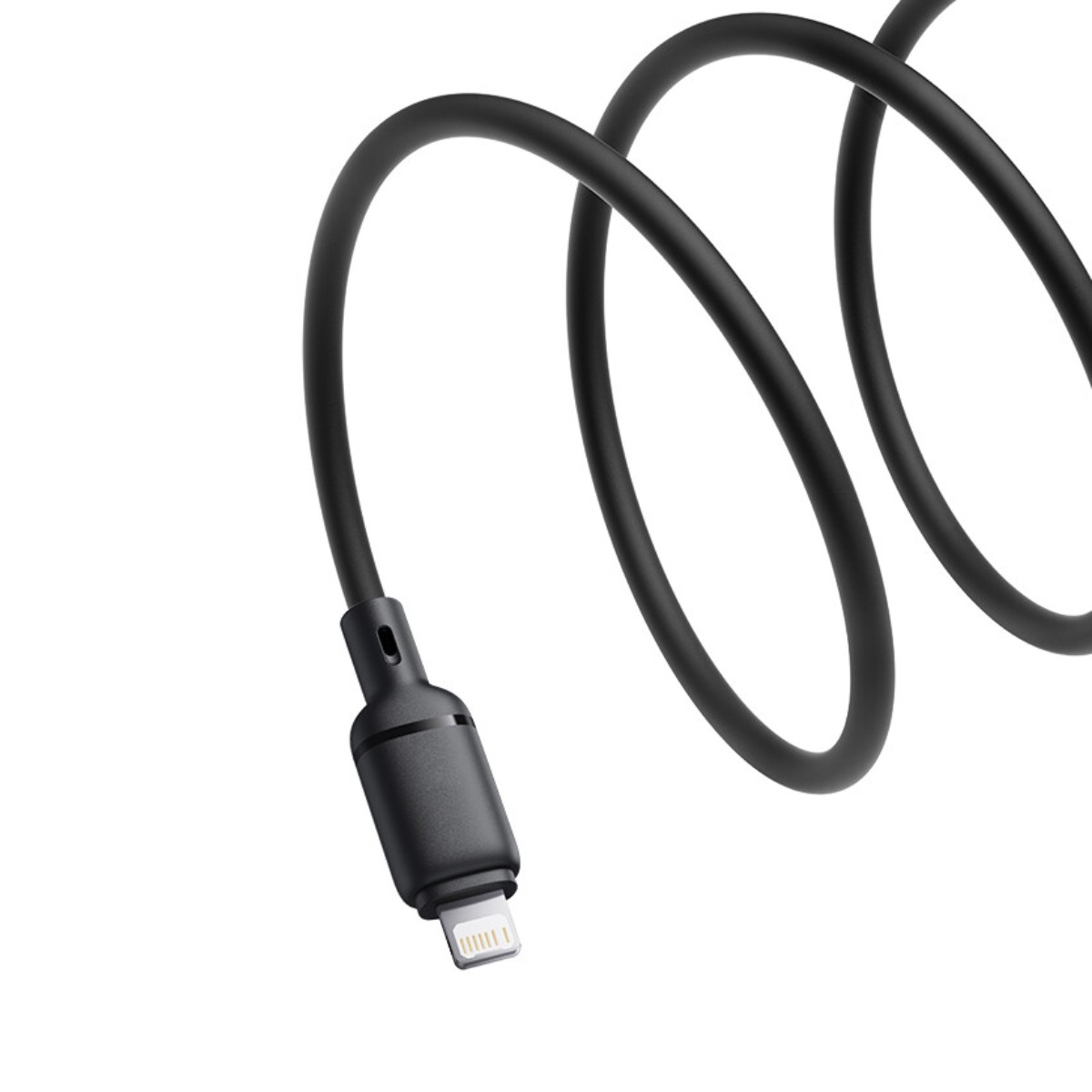 Un cavo lightning nero con connettore, si avvolge su sfondo bianco.