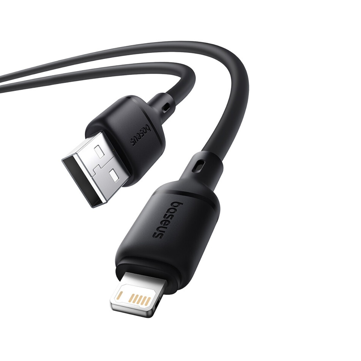 Cavo nero da USB a Lightning con logo Baseus, su sfondo bianco.