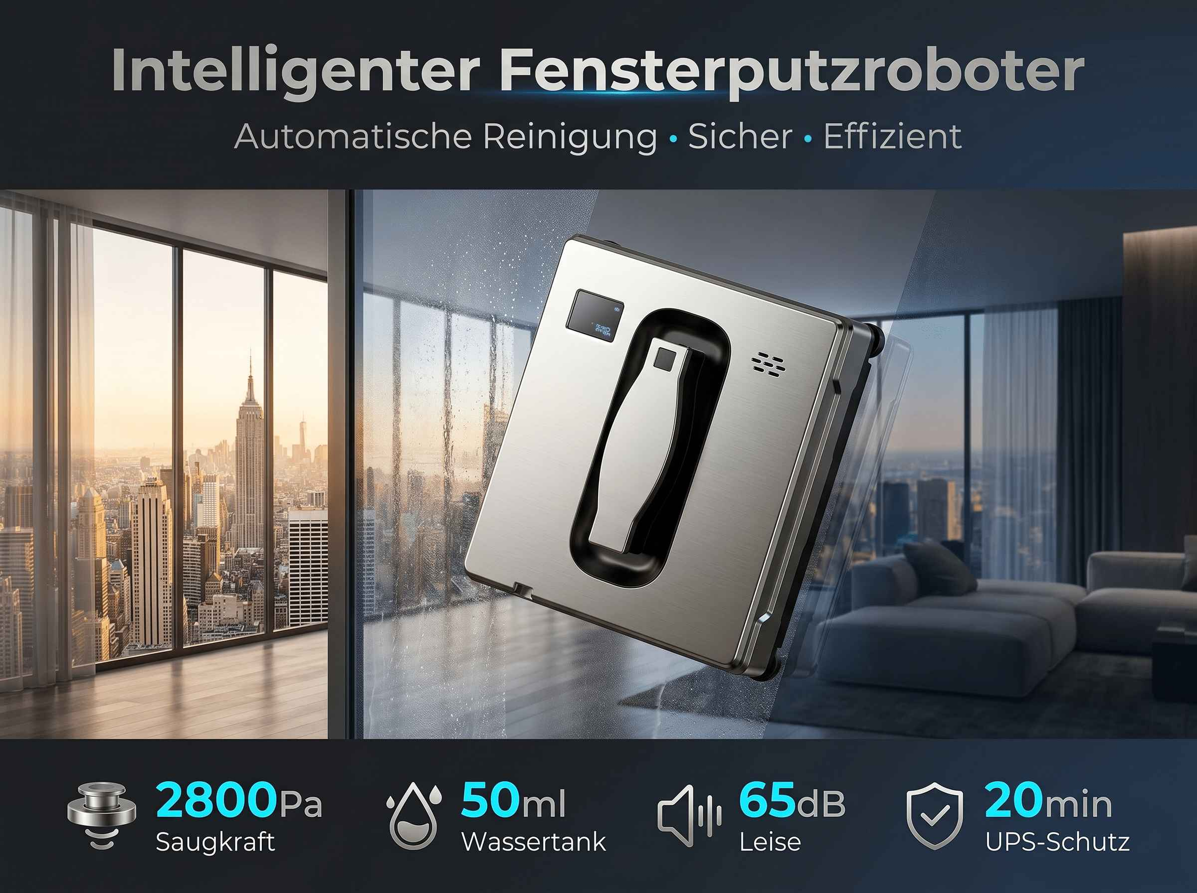 Fensterputzroboter auf einem Fenster mit Stadtblick. Daten: 2800Pa, 50ml, 65dB, 20min.
