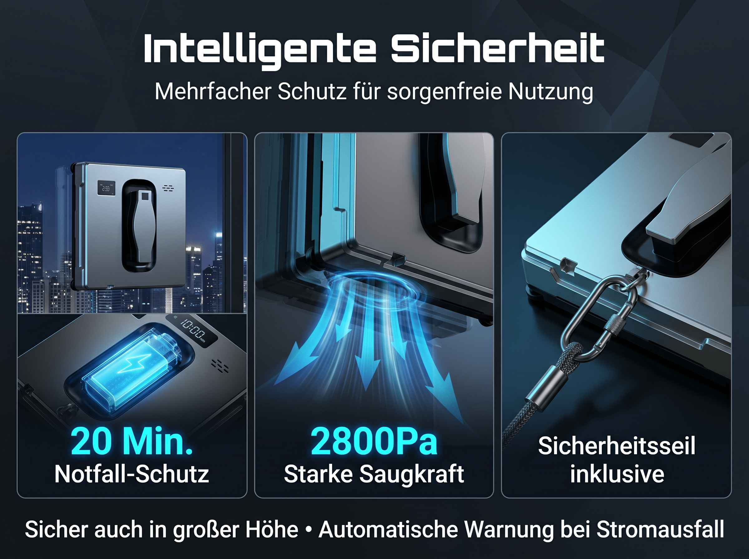 Fensterreinigungsroboter mit starker Saugkraft und Sicherheitsseil.