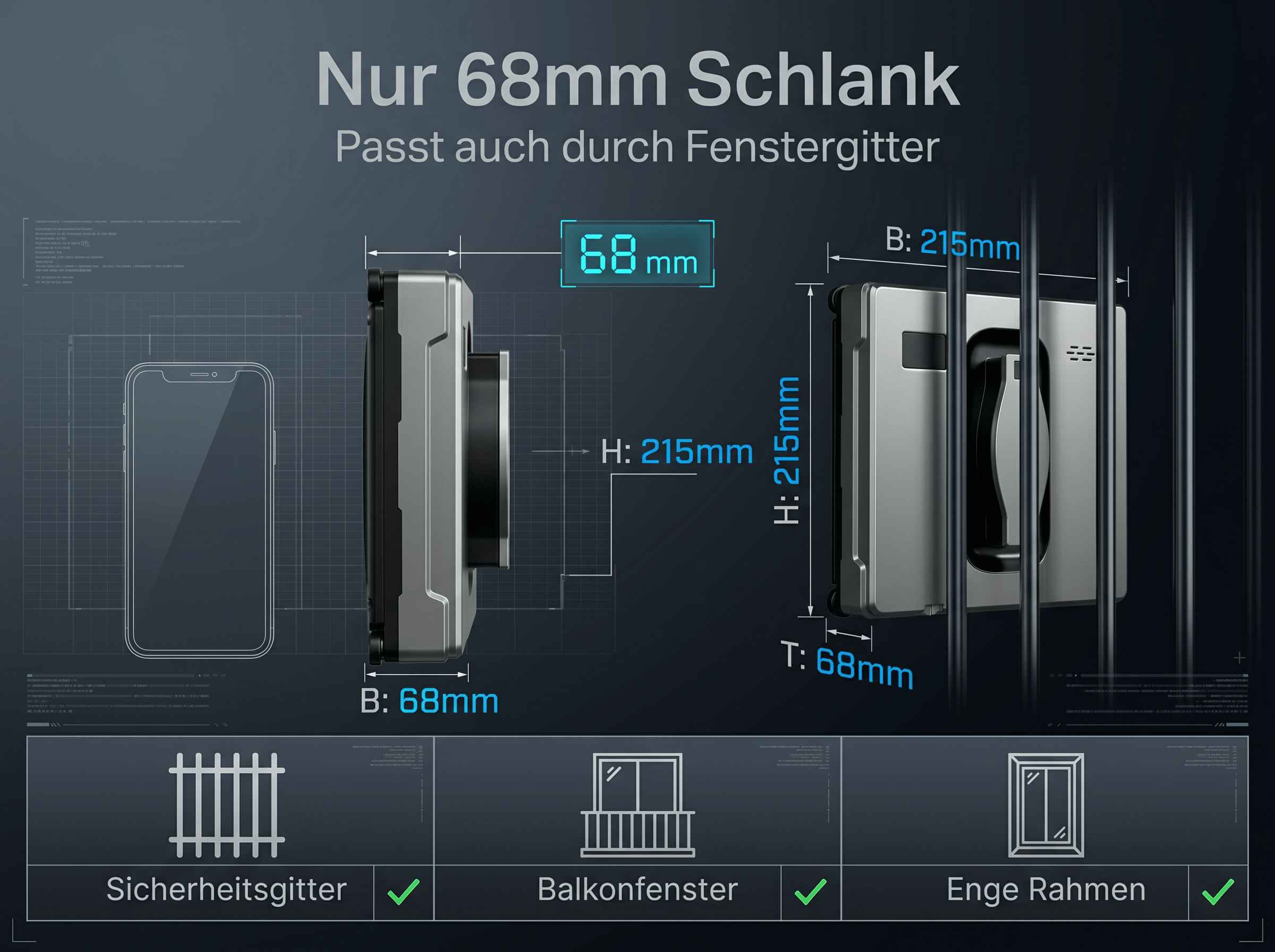 Technische Zeichnung zeigt einen schmalen Roboter mit Maßen, passend für Gitter, Balkone und enge Rahmen.