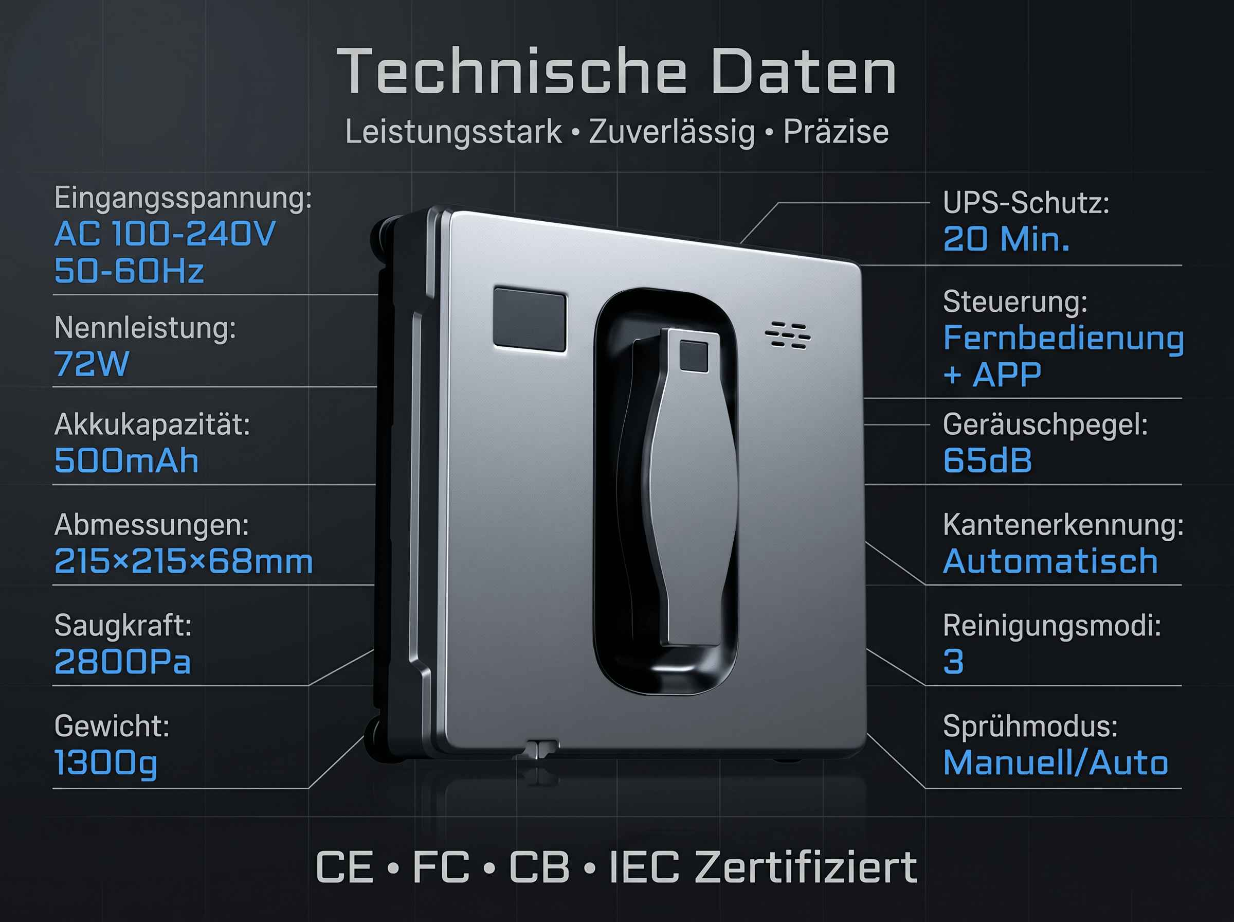Technische Daten eines Fensterreinigungsroboters mit Spezifikationen.