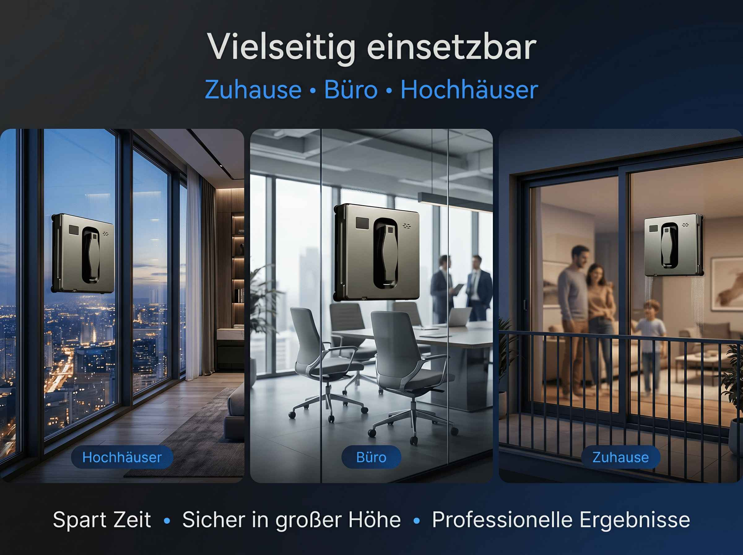 Fensterreinigungsroboter in verschiedenen Szenarien: Zuhause, Büro, Hochhäuser.