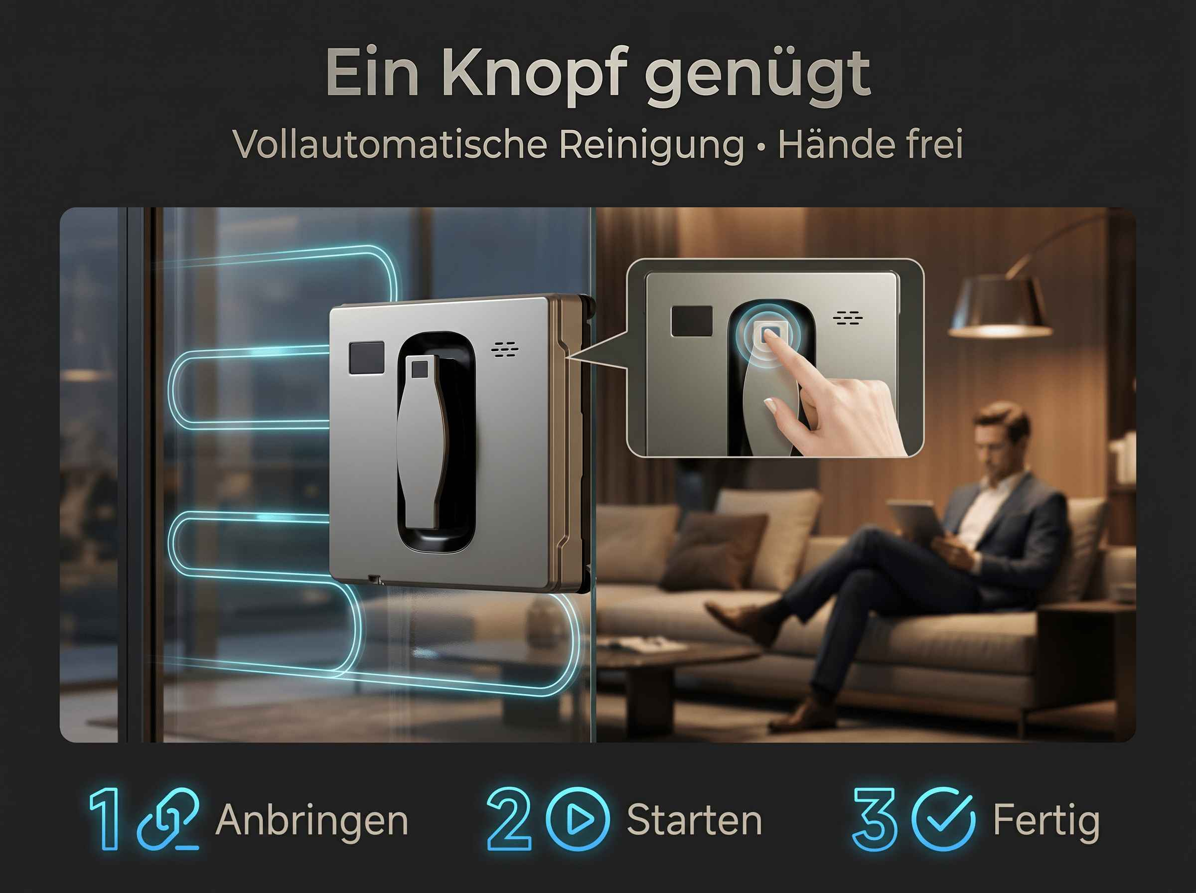 Fensterreinigungsroboter reinigt Fenster, Mann sitzt auf Sofa.
