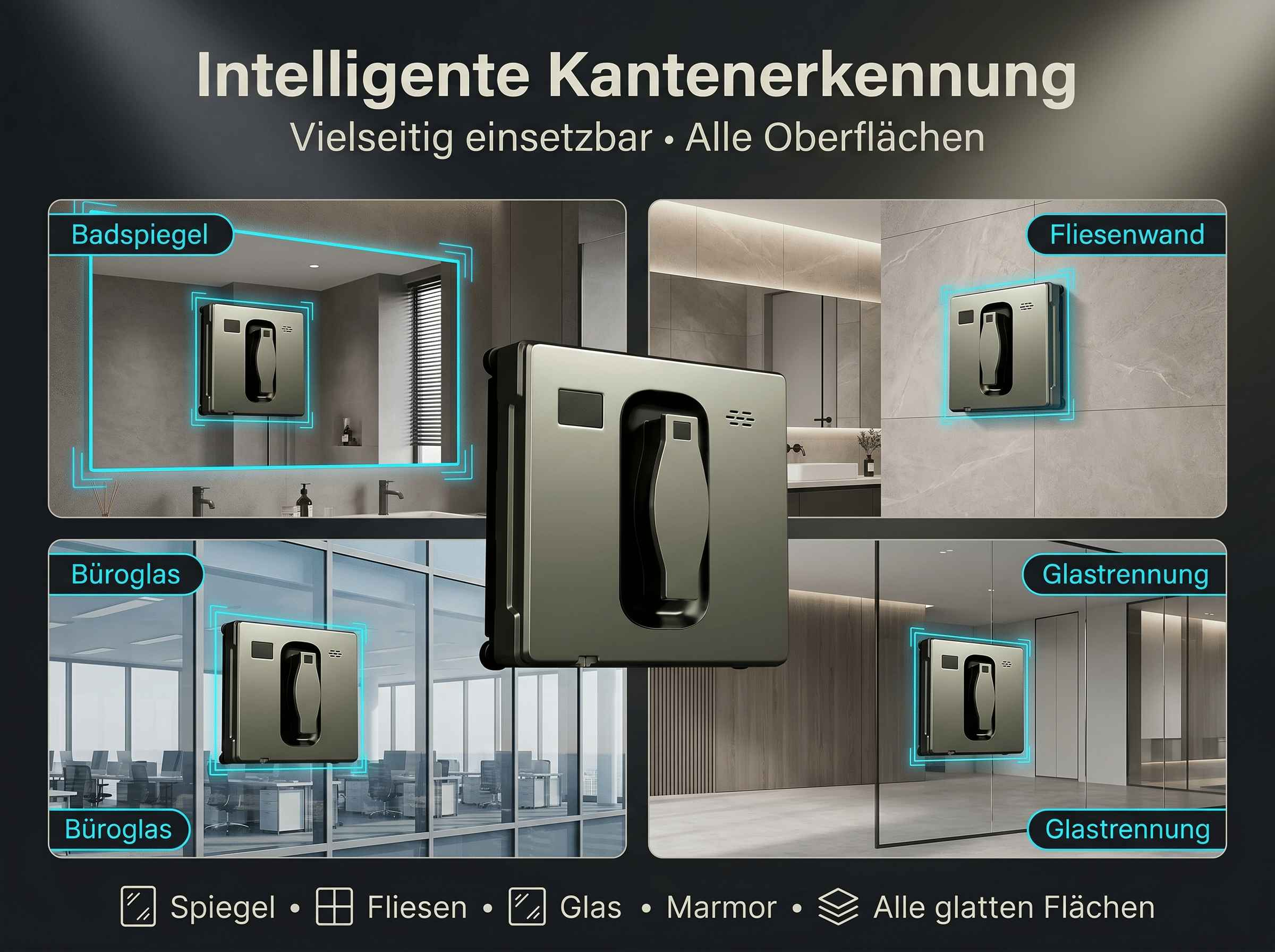 Ein Fensterreinigungsroboter auf verschiedenen Oberflächen wie Spiegeln und Fliesen.
