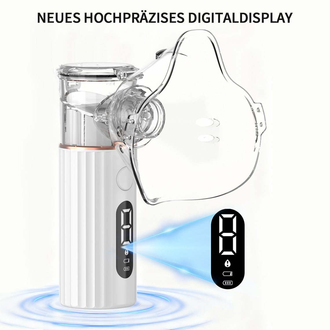 Ein weißer Vernebler mit klarer Maske und digitaler Anzeige, der Nebel ausstößt.