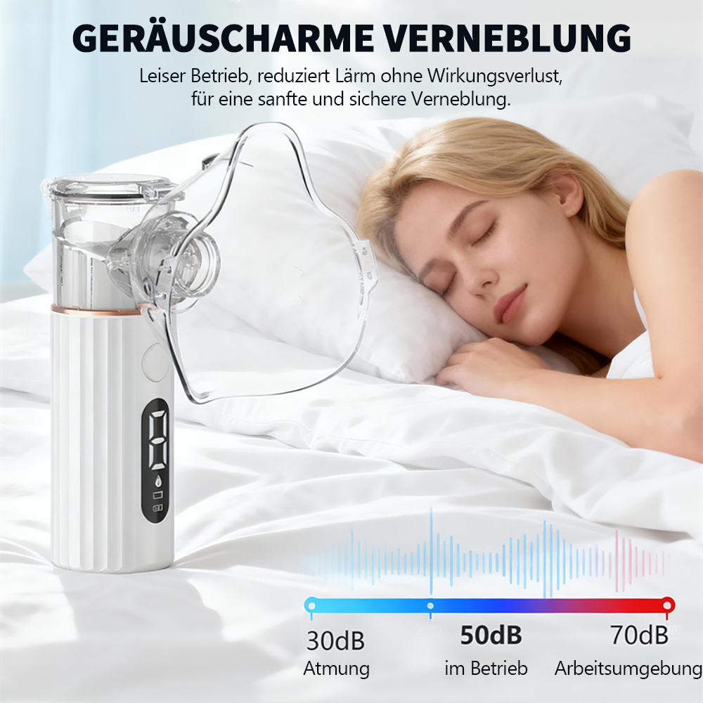 Ein weißer Vernebler mit Maske liegt neben einer schlafenden Frau auf einem Bett.