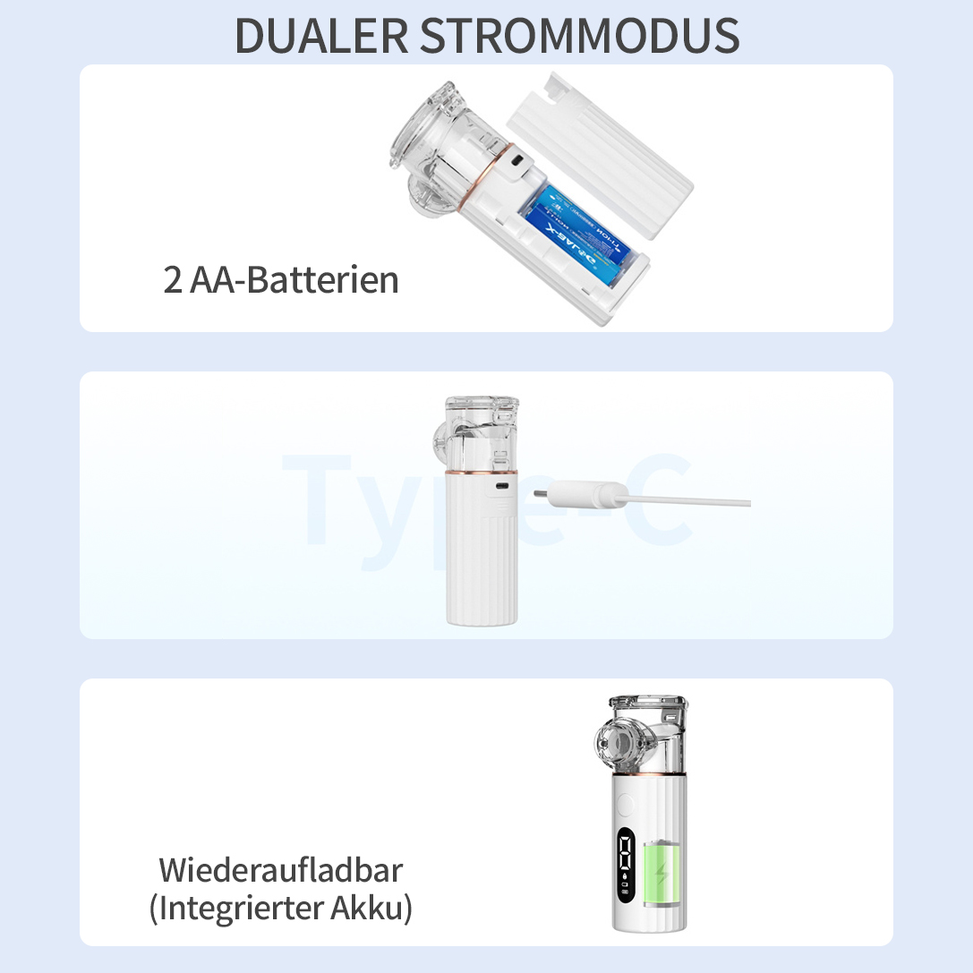 Ein Vernebler mit Batteriefach, Typ-C-Anschluss und Ladeanzeige.