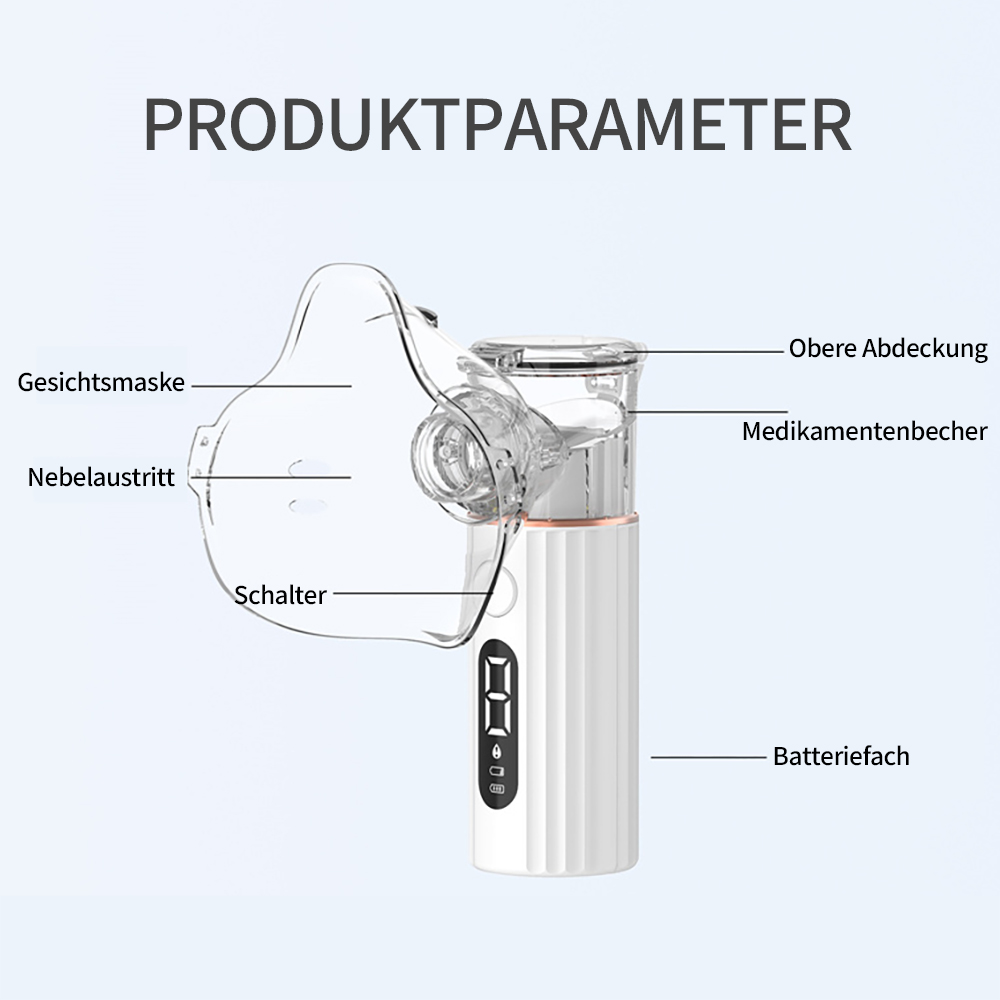 Ein weißer Vernebler mit Maske und Beschriftungen für seine Teile.